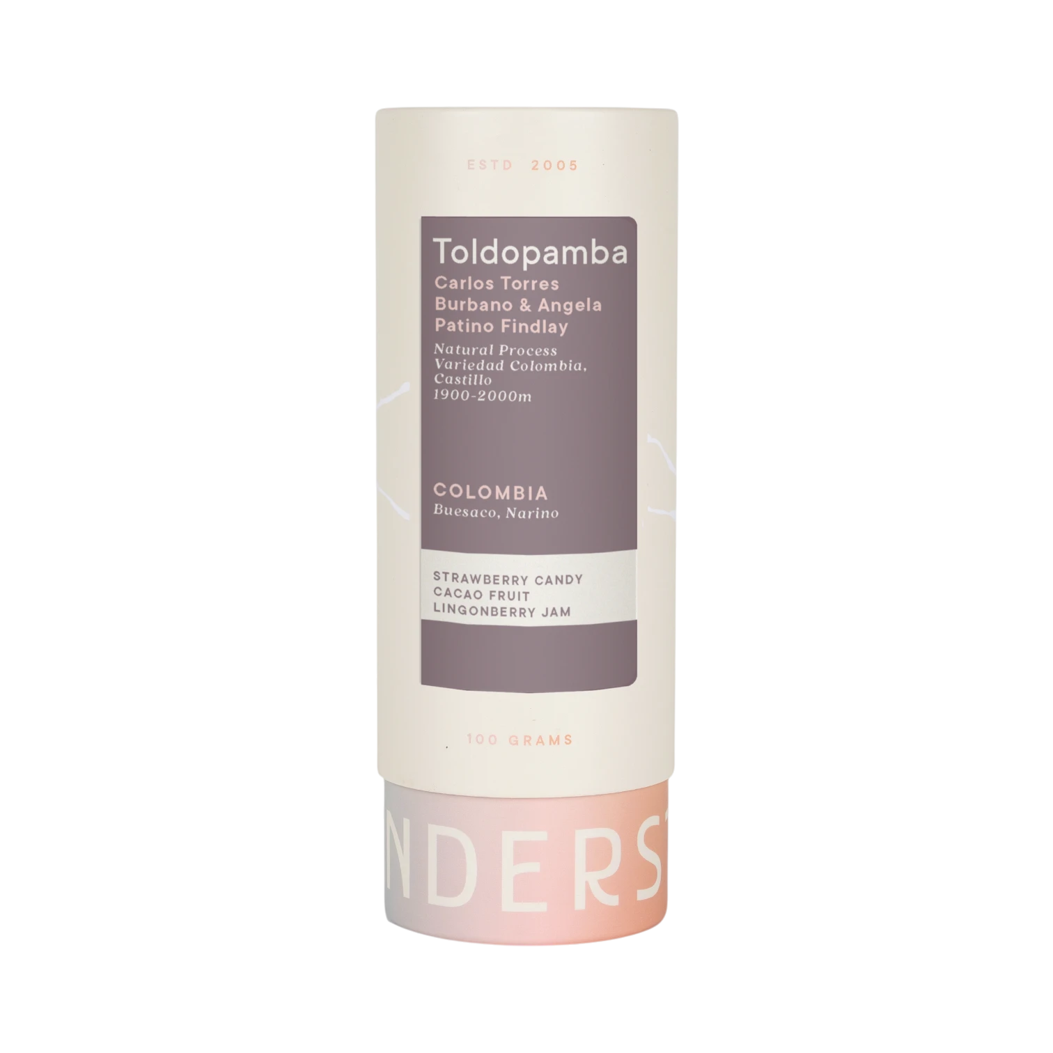 The Pull & Pour Shop Colombia Toldopamba coffee beans in a cylindrical cardboard tube with purple label details.