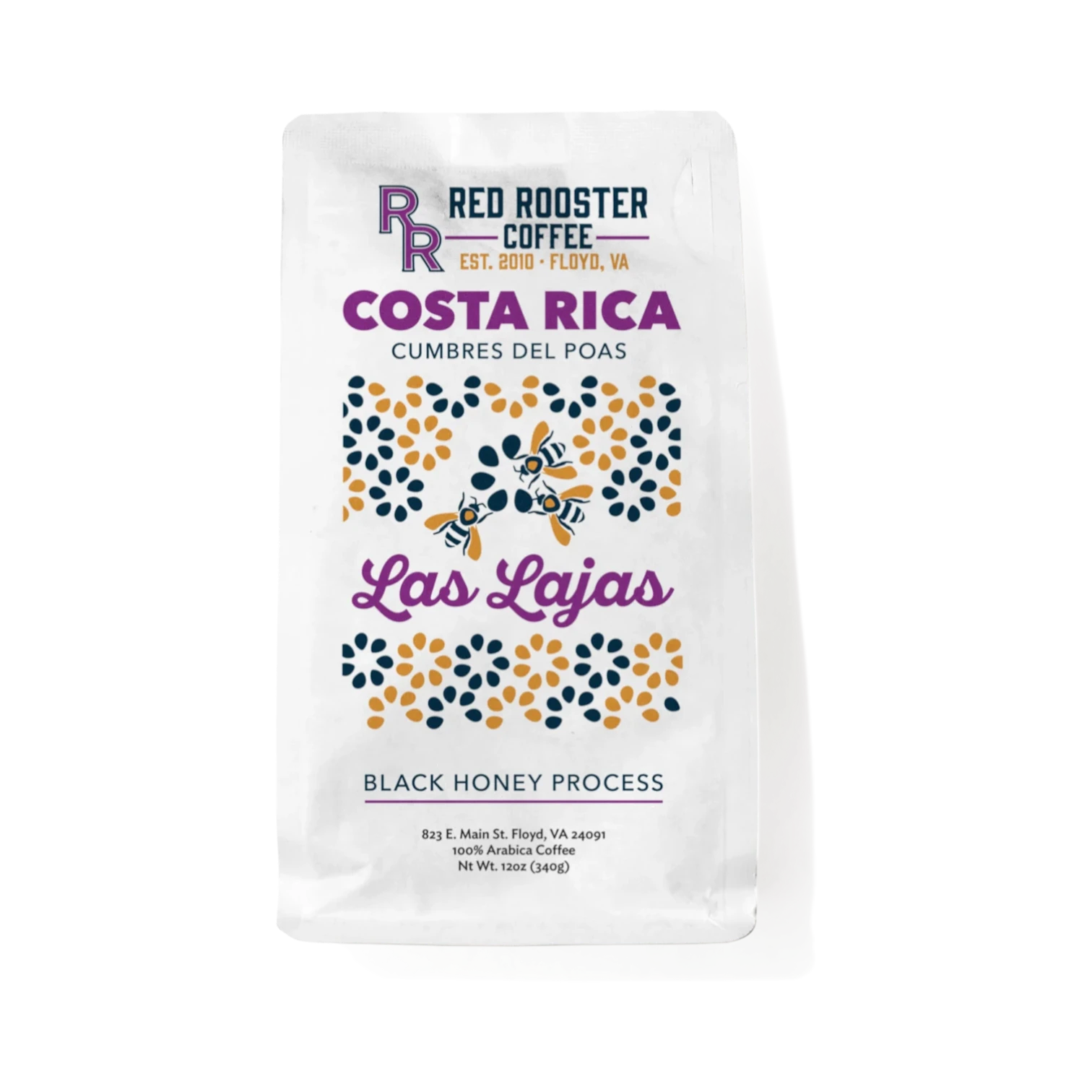 The Pull & Pour Shop Costa Rica Las Lajas Black Honey coffee bag with bee illustrations on a white background