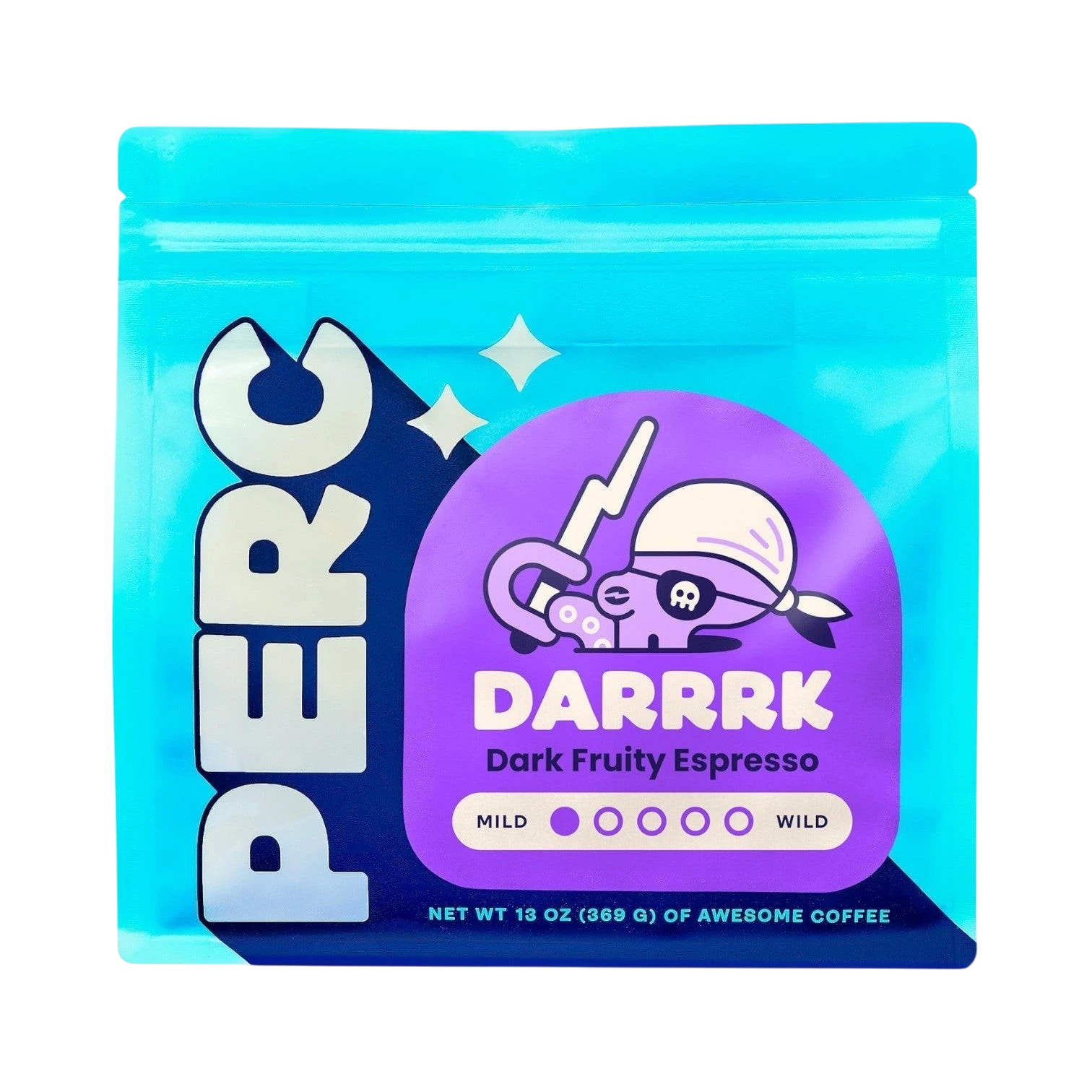The Pull & Pour Shop DARRRK dark roast Ethiopian coffee bag in bright blue packaging with a purple pirate logo
