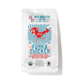 The Pull & Pour Shop Red Rooster Coffee Organic DECAF Funky Chicken bag with red rooster and blue swirl graphics.