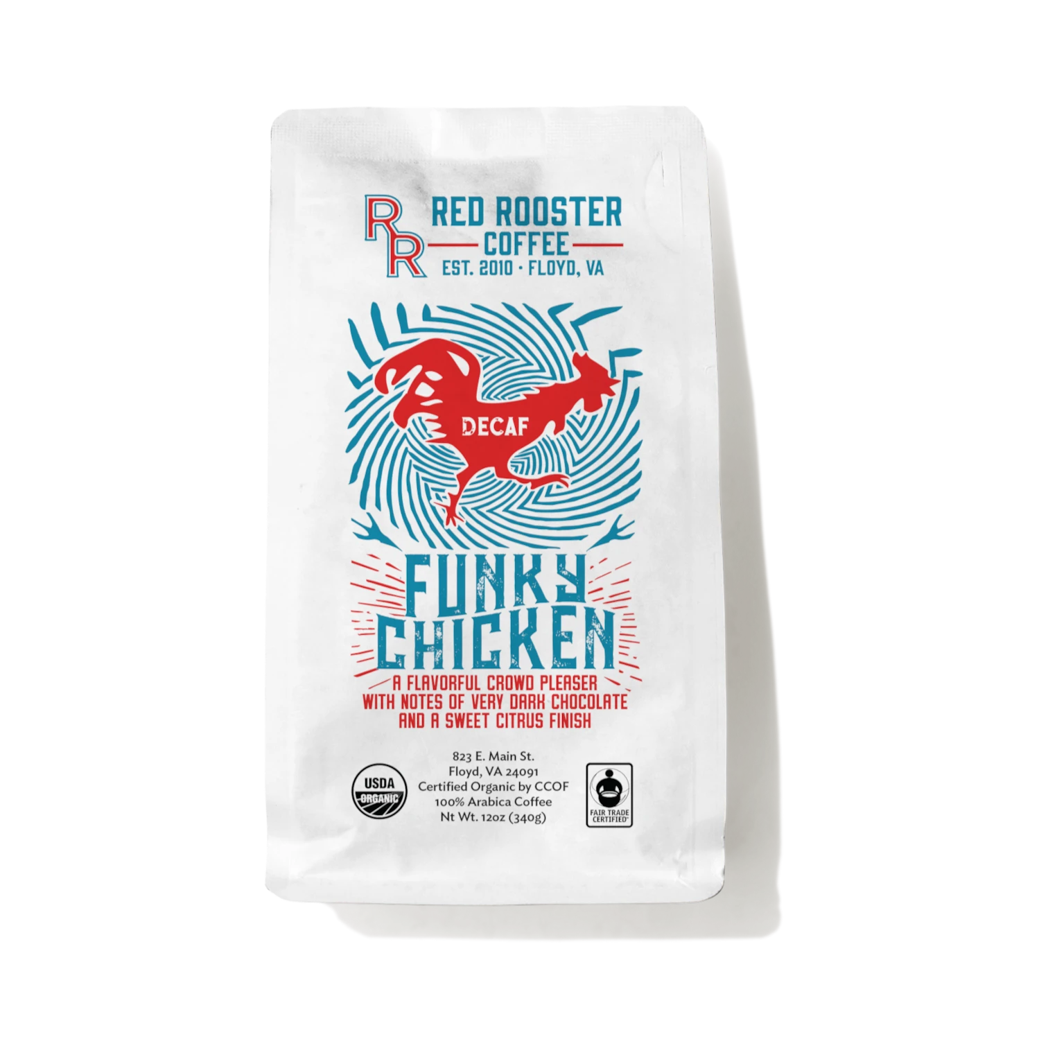 The Pull & Pour Shop Red Rooster Coffee Organic DECAF Funky Chicken bag with red rooster and blue swirl graphics.