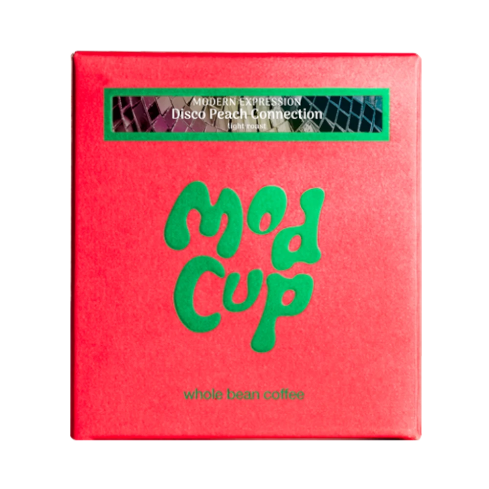 The Pull & Pour Shop Disco Peach Connection light roast coffee box in vibrant red with green logo and text.
