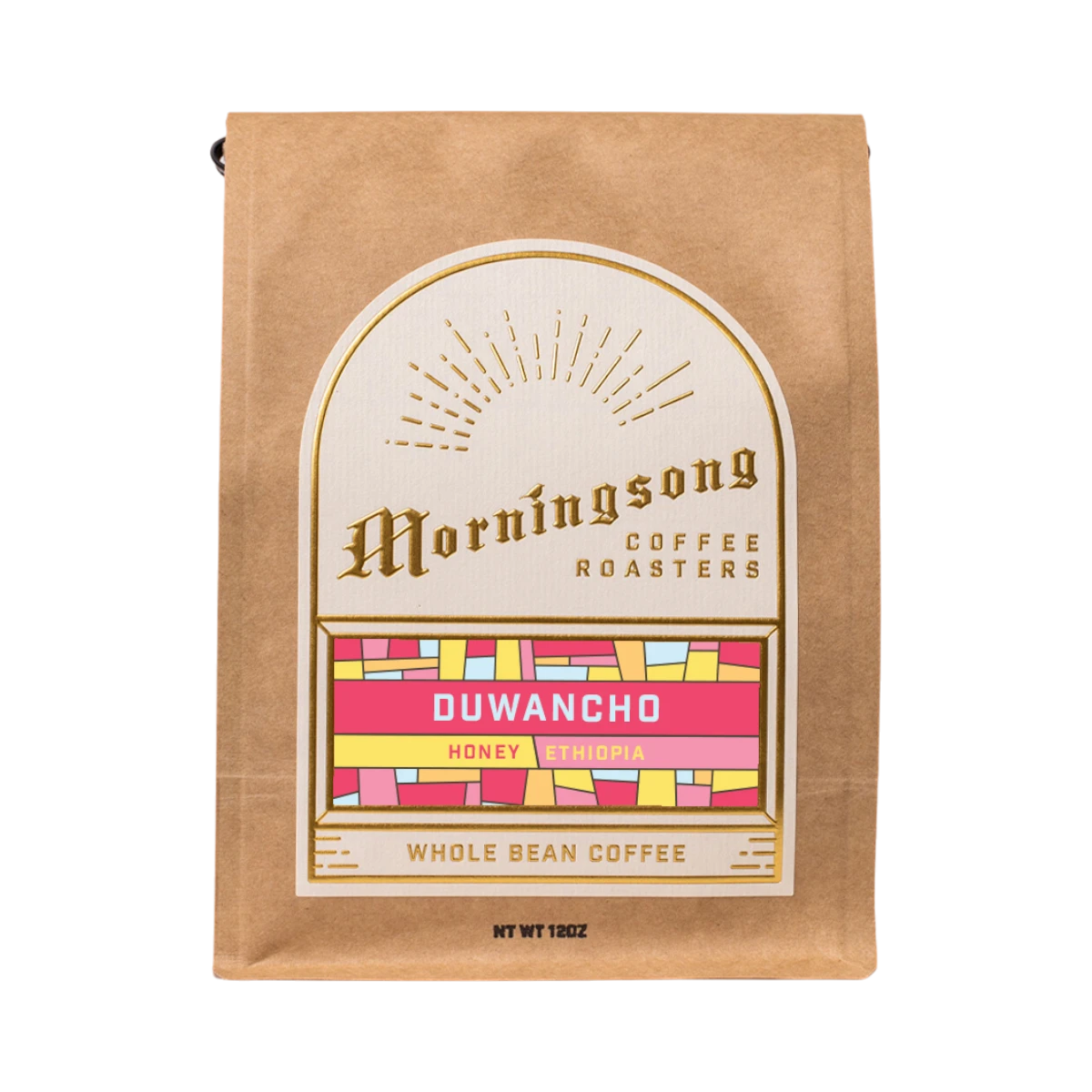 The Pull & Pour Shop Duwancho Ethiopia honey processed whole bean coffee in a brown kraft paper bag with gold label