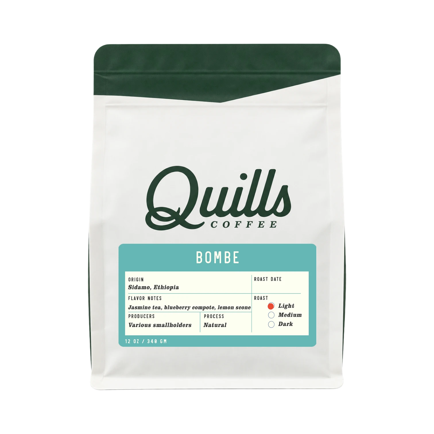 The Pull & Pour Shop Ethiopia Bombe coffee bag with white packaging, green top, and light roast label details.