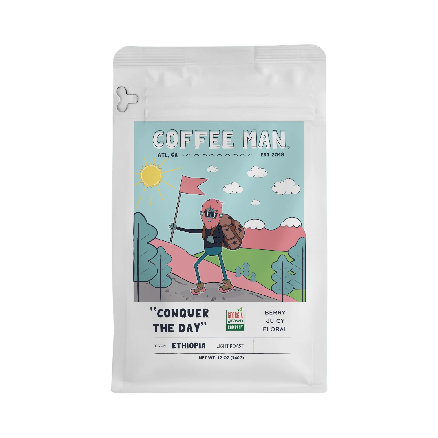 The Pull & Pour Shop Conquer The Day Ethiopia light roast coffee bag with a colorful hiker illustration