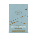 The Pull & Pour Shop organic Ethiopia natural coffee bag in light blue with gold mountain graphic and floral notes.