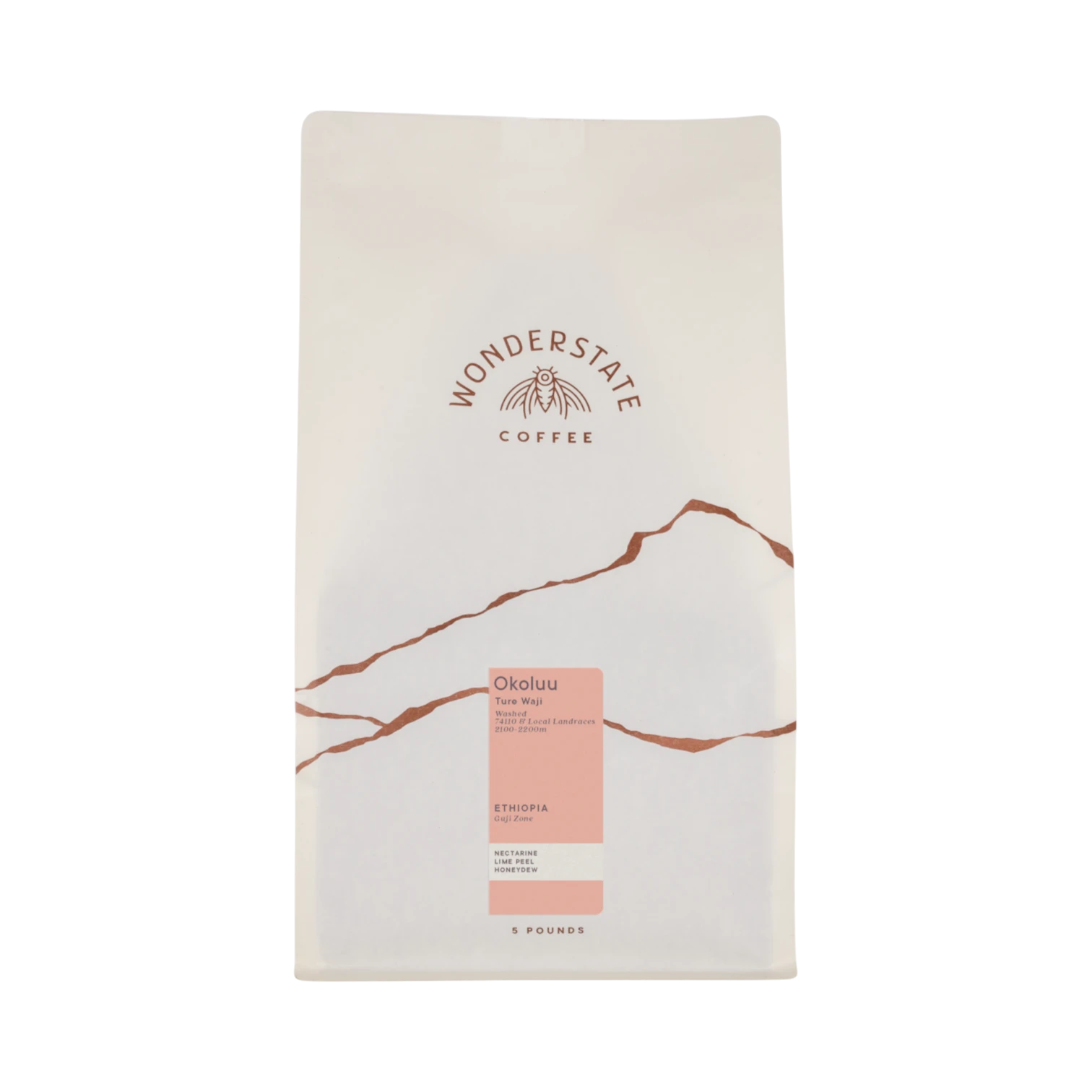 The Pull & Pour Shop Ethiopia Okoluu coffee bag featuring a minimalist white design with mountain-inspired graphics.