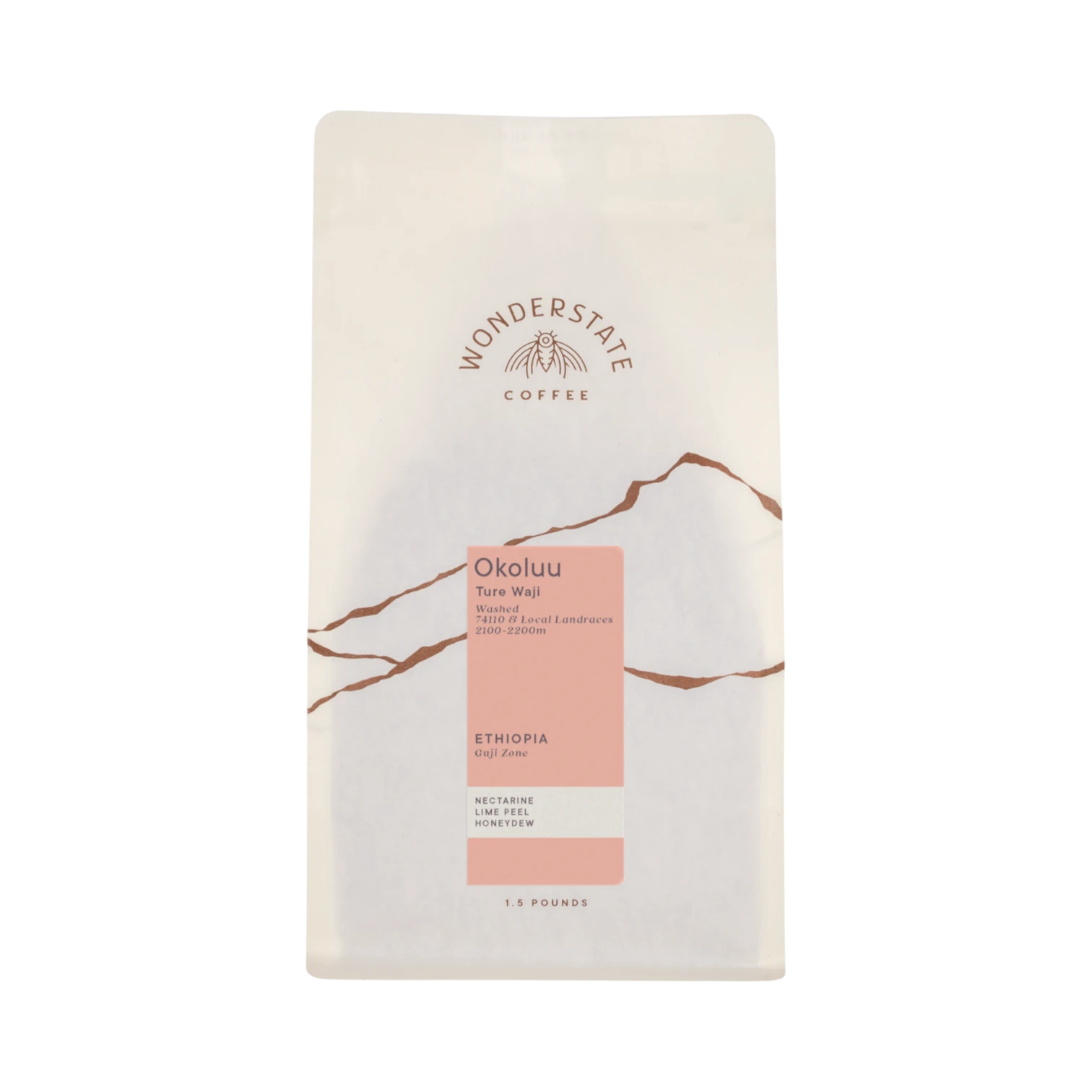The Pull & Pour Shop Ethiopia Okoluu coffee bag featuring a minimalist cream design with pink label and floral notes.