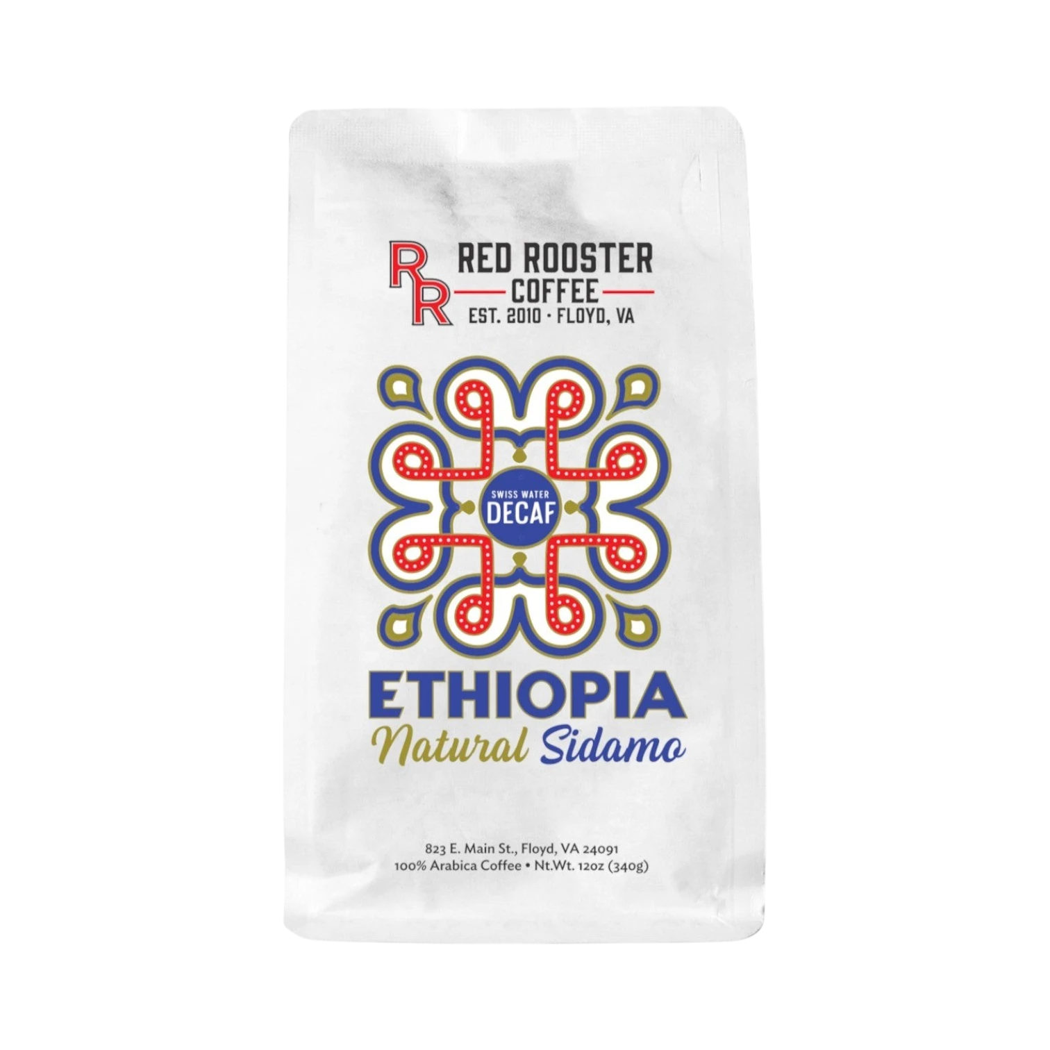 The Pull & Pour Shop Decaf Ethiopia Sidamo Natural coffee bag with white packaging and colorful geometric design