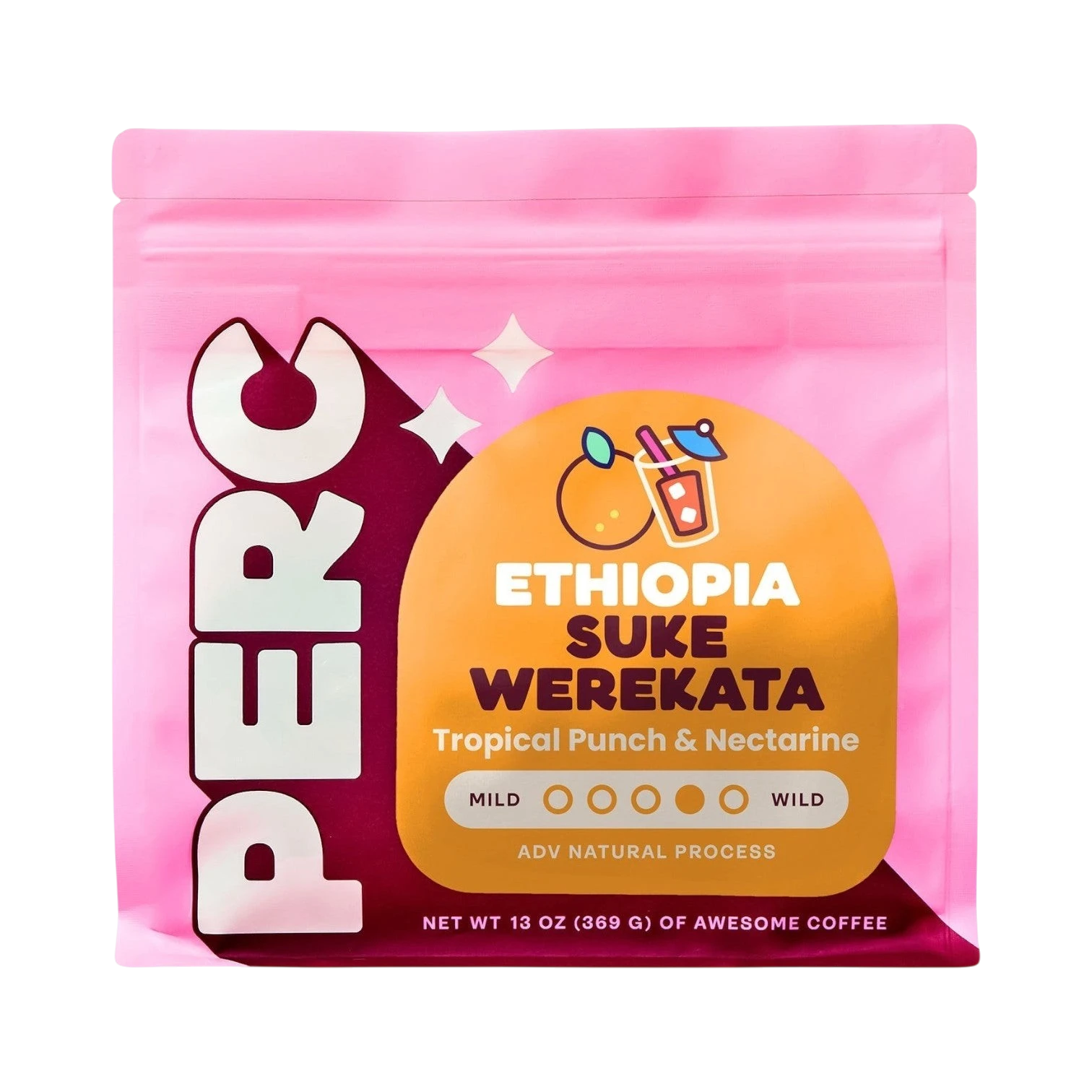 The Pull & Pour Shop Ethiopia Suke Werekata coffee bag in vibrant pink with tropical fruit and nectarine branding.