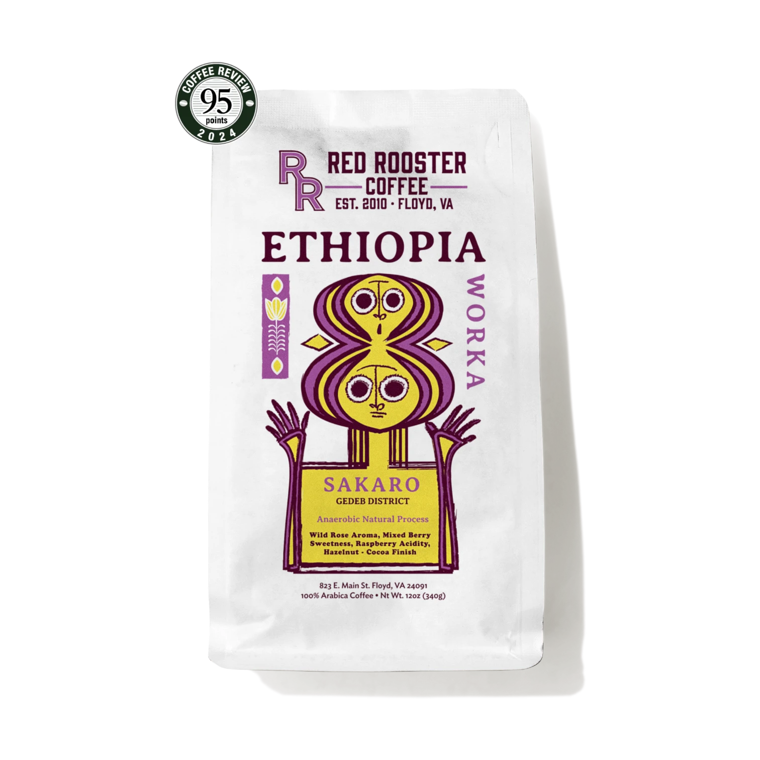 The Pull & Pour Shop Red Rooster Ethiopia Worka Sakaro anaerobic natural coffee bag with purple and yellow label