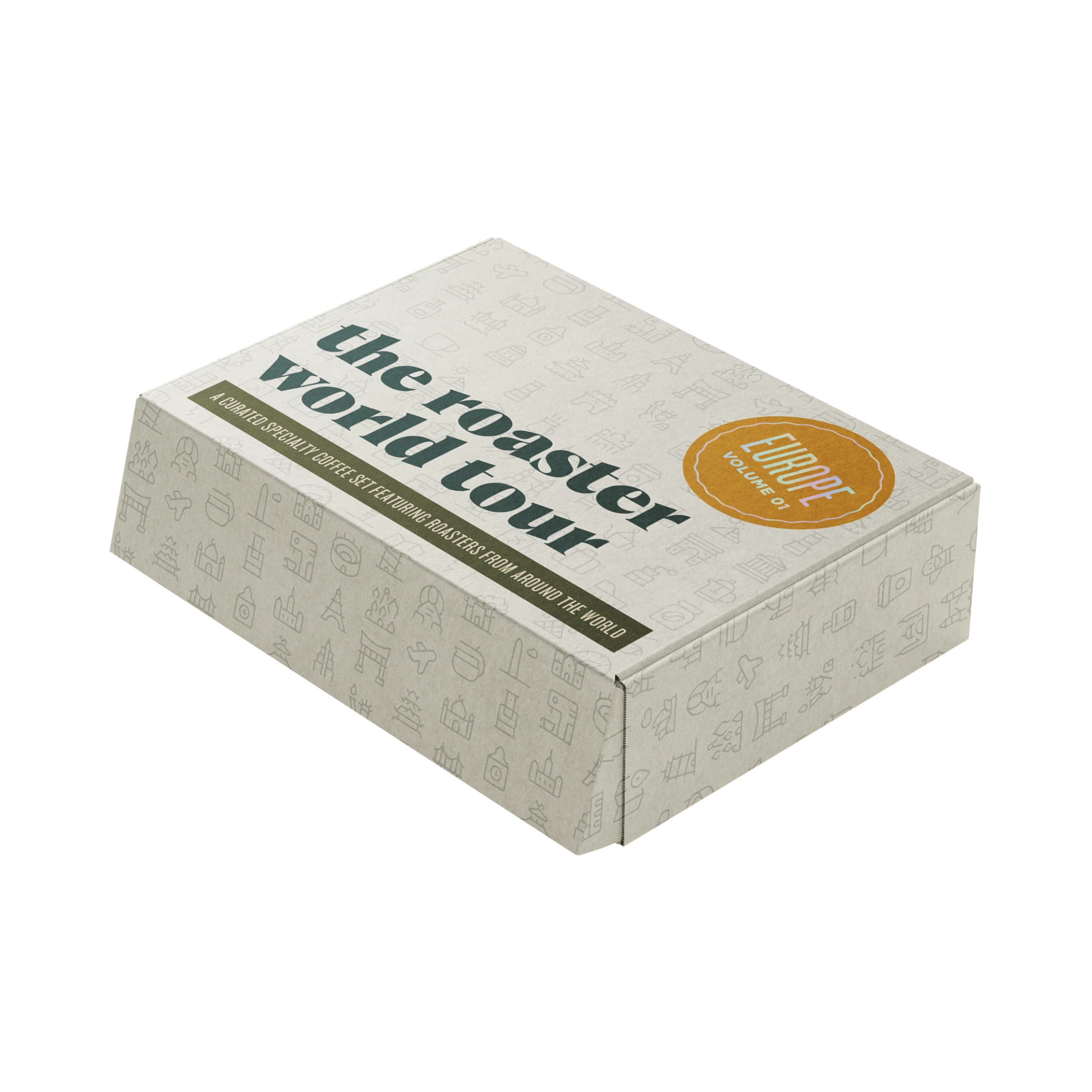 The Pull & Pour Shop Roaster World Tour Set Europe Vol. 01 coffee box with illustrated travel icons on white cardboard