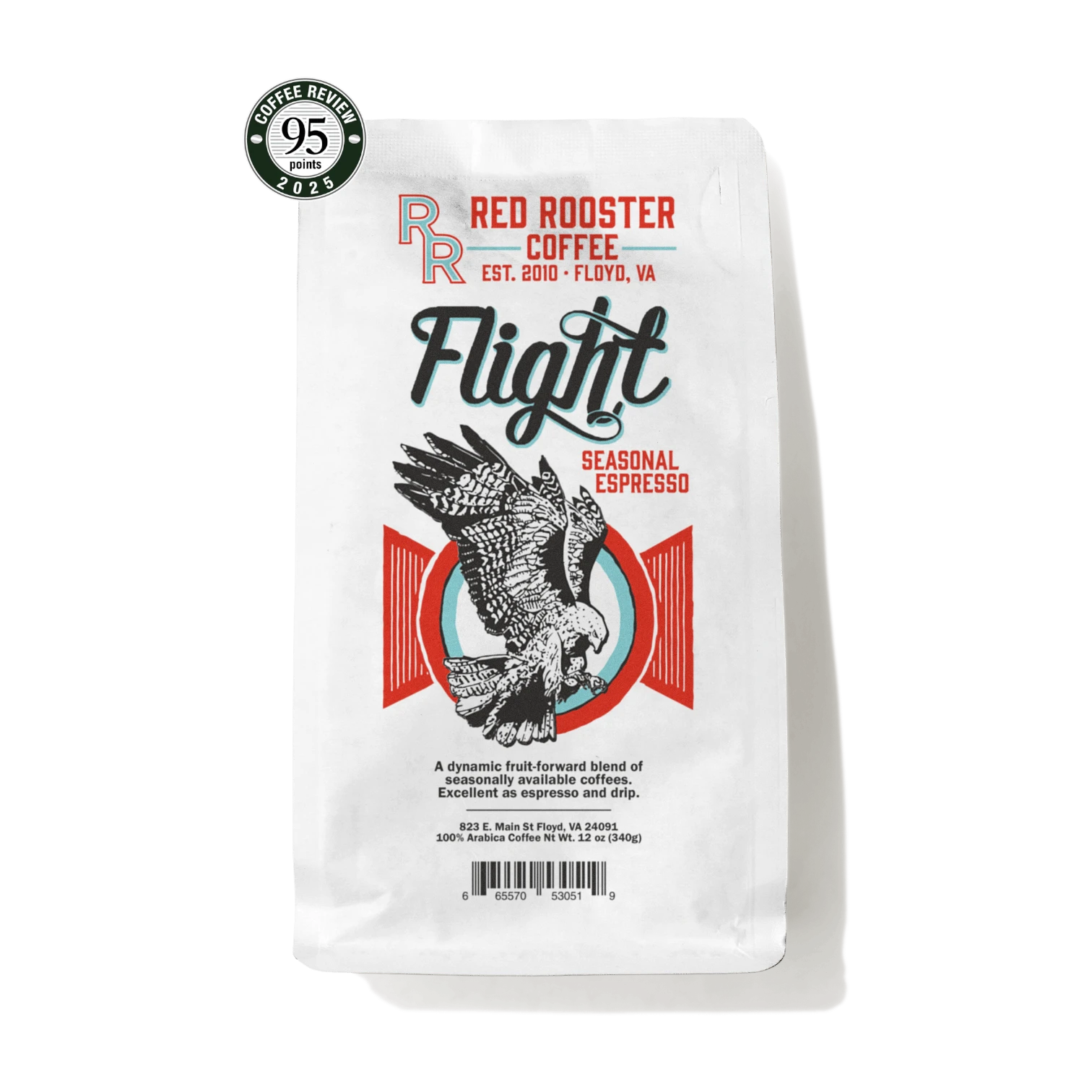 The Pull & Pour Shop Red Rooster Coffee Flight seasonal espresso bag with eagle graphic and 95 point review seal.