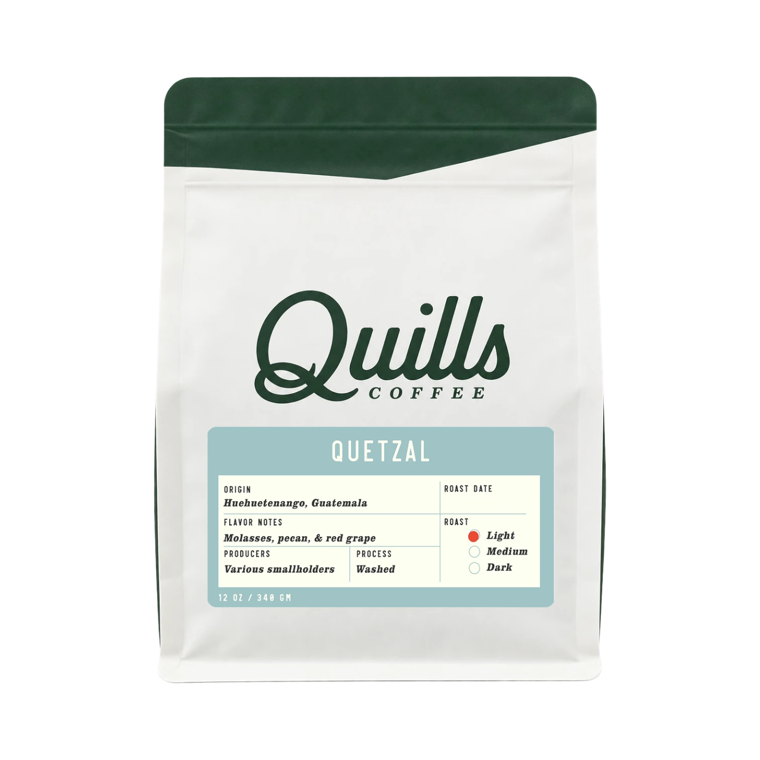 The Pull & Pour Shop Quills Coffee Guatemala Quetzal light roast coffee bag with green top and white label