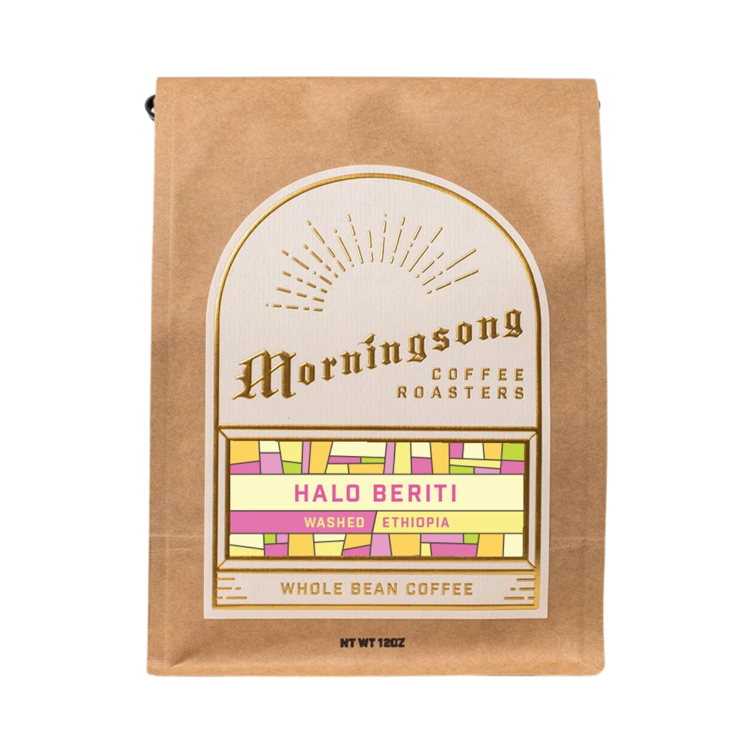 The Pull & Pour Shop Halo Beriti Ethiopia whole bean coffee in a brown paper bag with a decorative gold label.