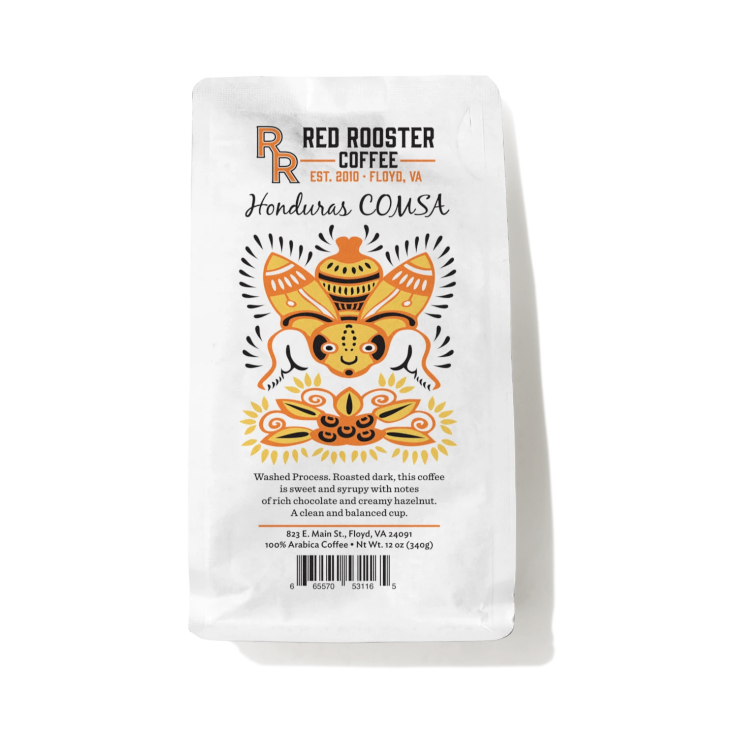 The Pull & Pour Shop Honduras COMSA Marcala dark roast coffee bag with orange and yellow folk art insect illustration