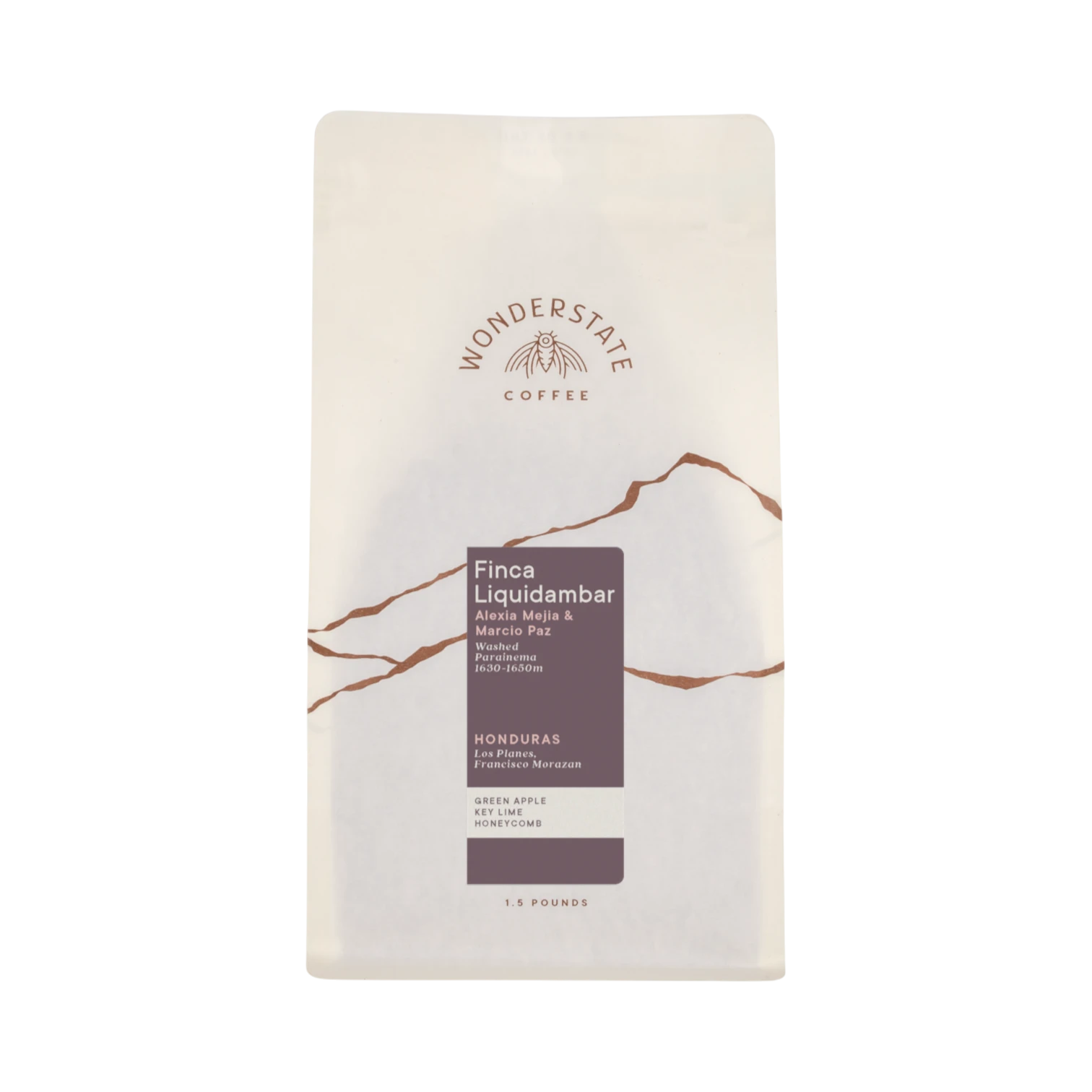 The Pull & Pour Shop Honduras Finca Liquidambar coffee bag with white packaging and brown mountain graphic design.