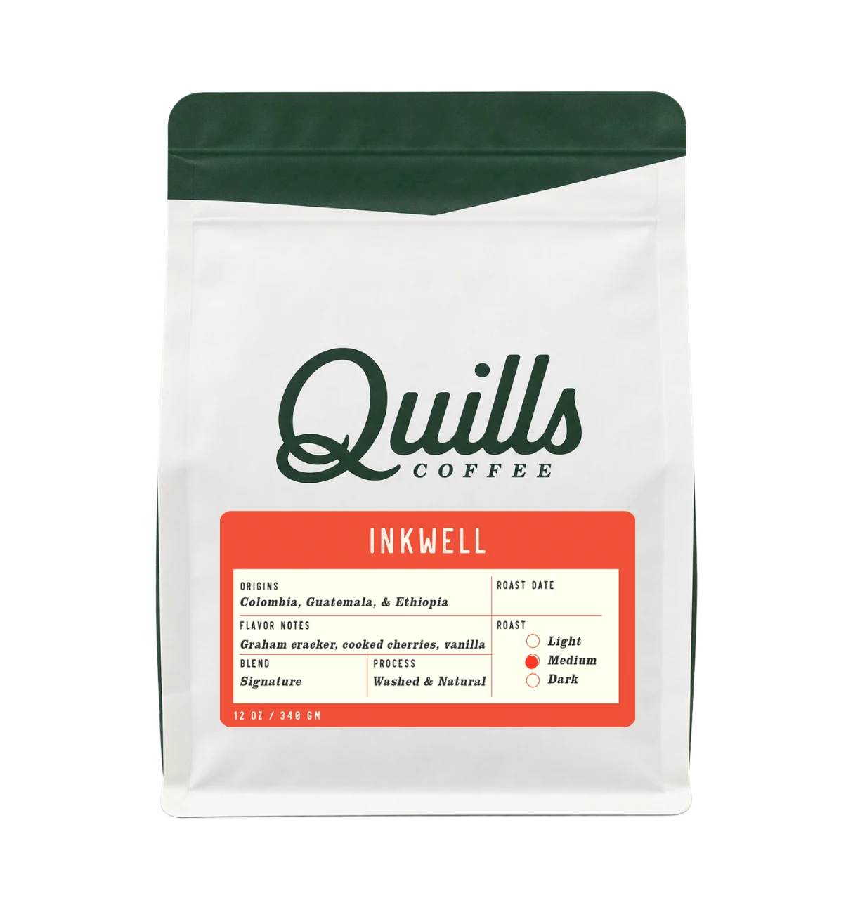 The Pull & Pour Shop Quills Coffee Inkwell signature blend medium roast coffee bag with white and orange label.