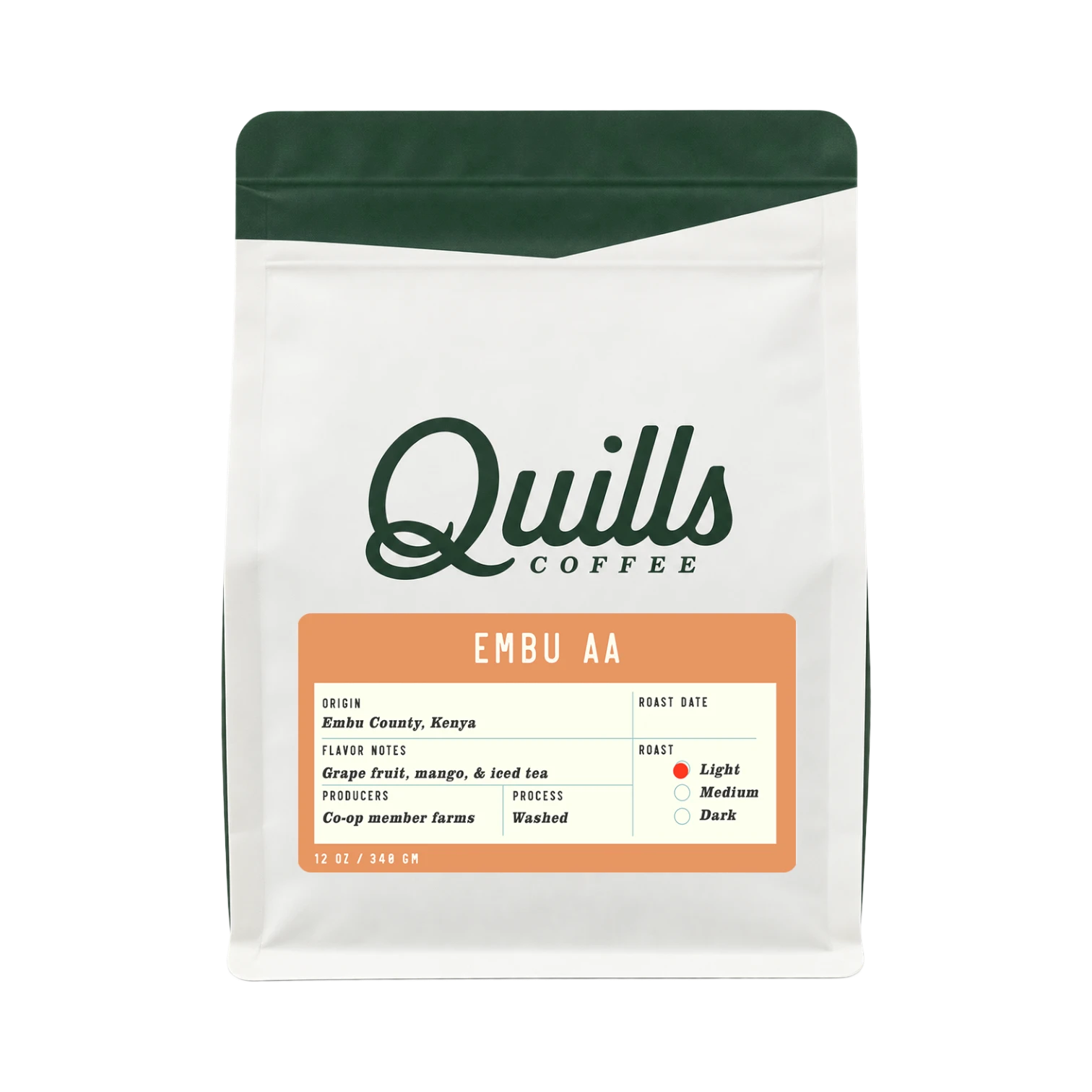 The Pull & Pour Shop Kenya Embu AA light roast coffee bag with white packaging and green top trim.