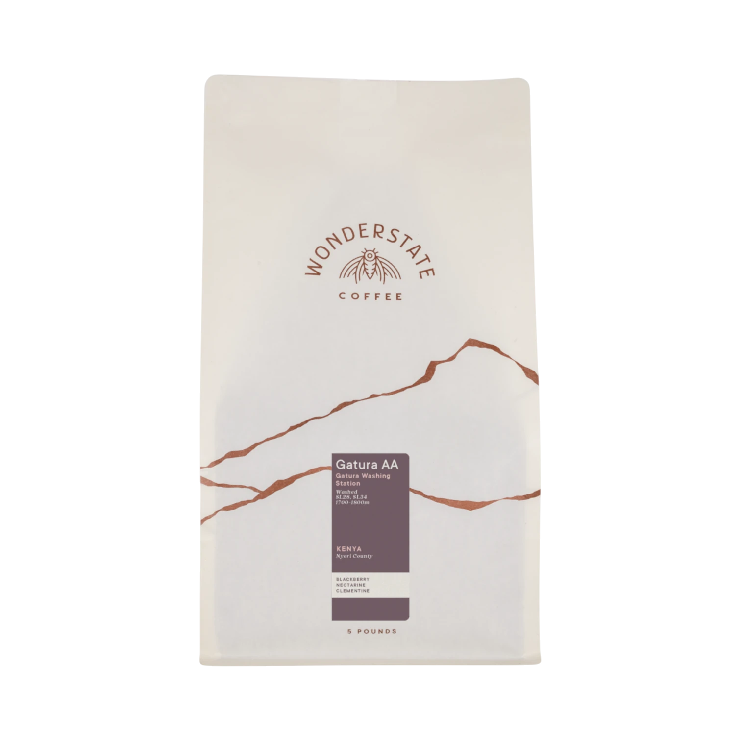 The Pull & Pour Shop Wonderstate Coffee Kenya Gatura AA 5lb bag with minimalist white packaging and brown mountain art.