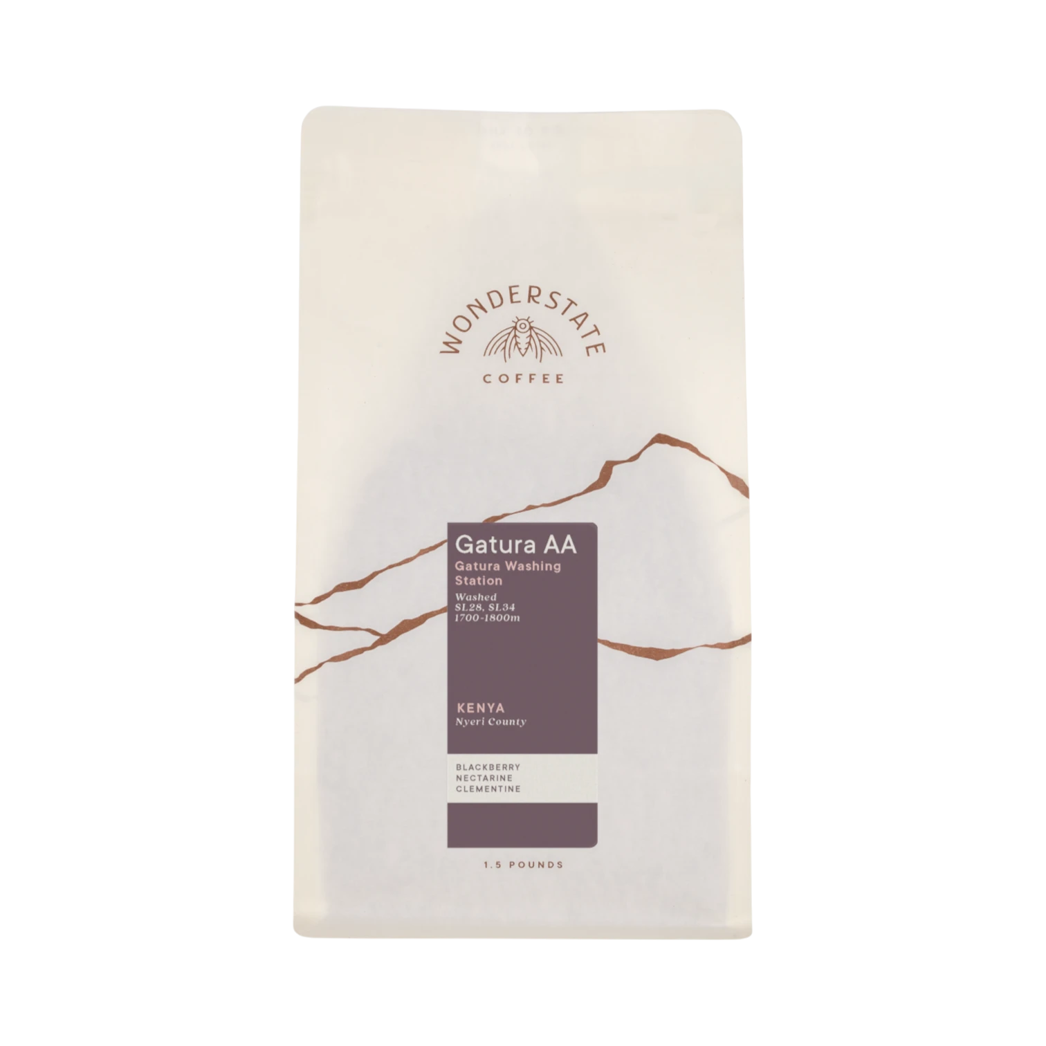 The Pull & Pour Shop Wonderstate Coffee Kenya Gatura AA bag with white packaging and dark purple label details.