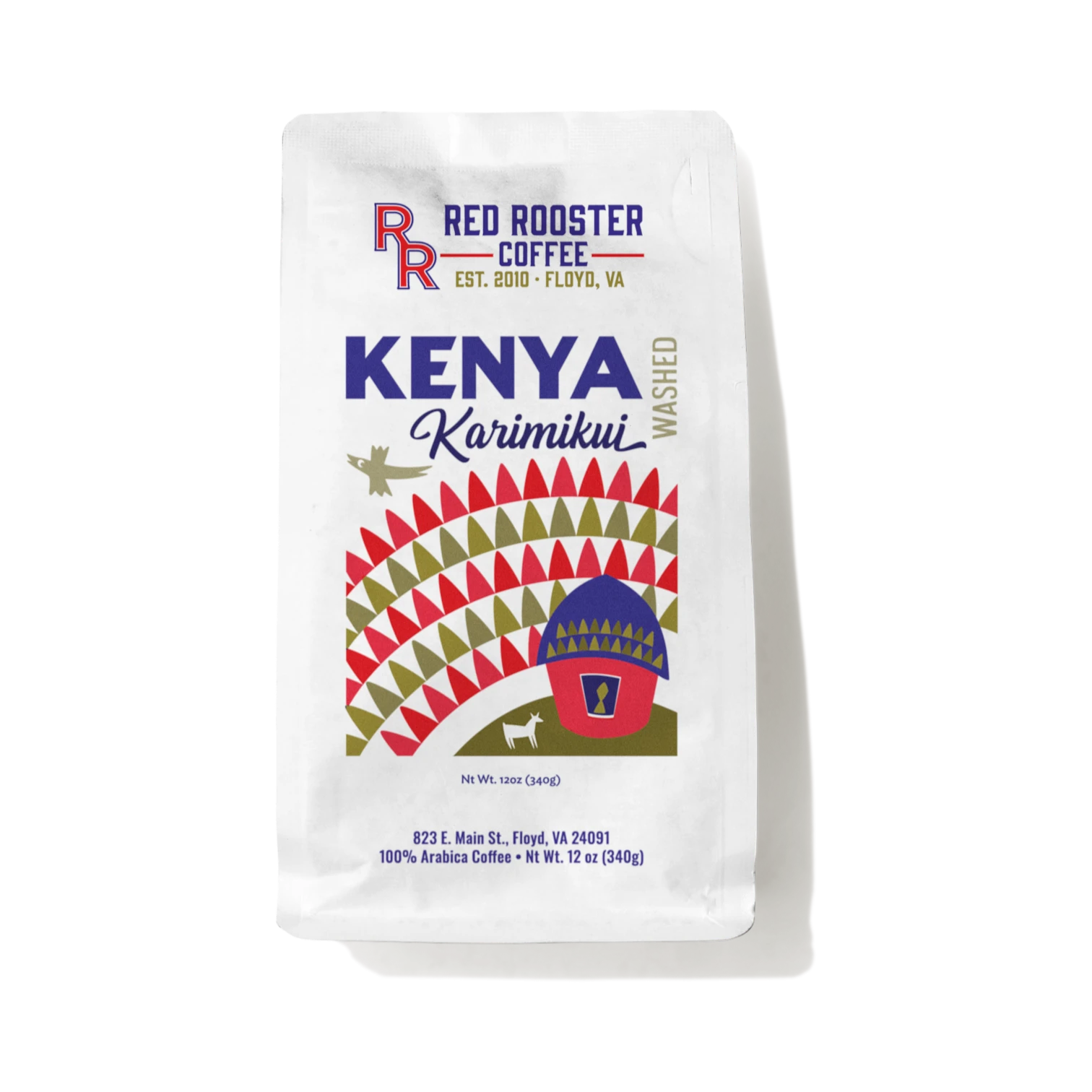 The Pull & Pour Shop Kenya Karimikui coffee bag with vibrant red, yellow, and blue geometric illustration.