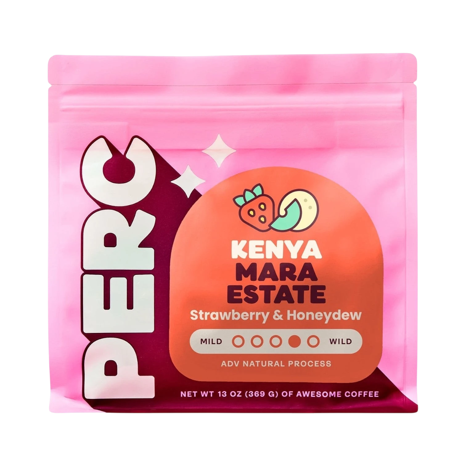 The Pull & Pour Shop Kenya Mara Estate coffee bag in bright pink packaging with strawberry and honeydew illustrations.