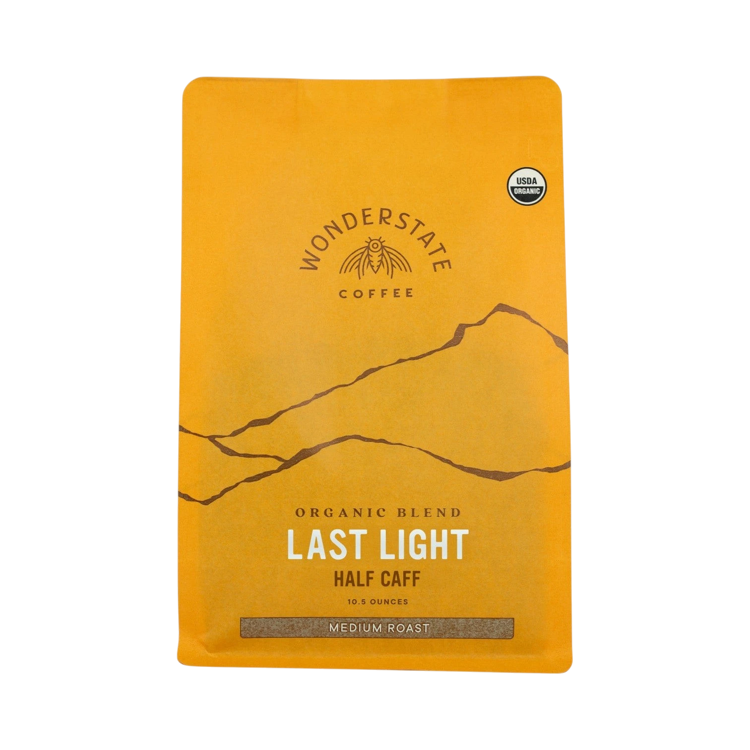 The Pull & Pour Shop Last Light half-caff organic coffee bag in yellow packaging with medium roast label