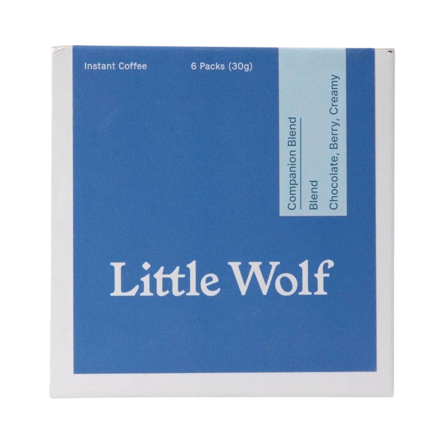 The Pull & Pour Shop Little Wolf Companion Blend instant coffee box with blue packaging and six single-serve packets.