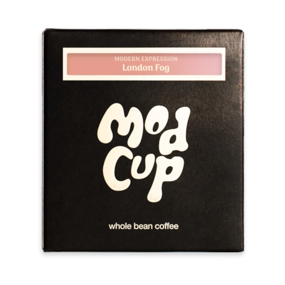 The Pull & Pour Shop London Fog coffee box with black packaging and white logo for floral whole bean coffee