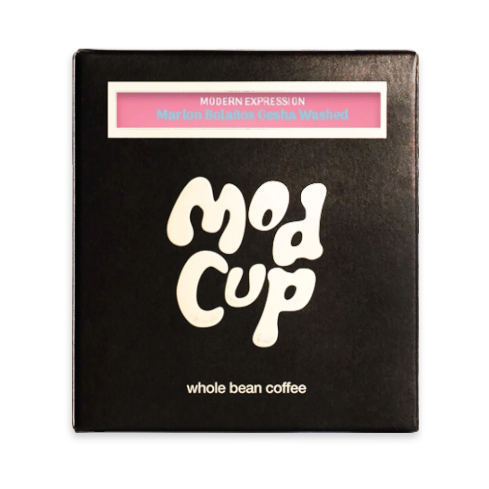 The Pull & Pour Shop Marlon Bolaños Washed Gesha coffee bag in black with pink label and white mod cup branding