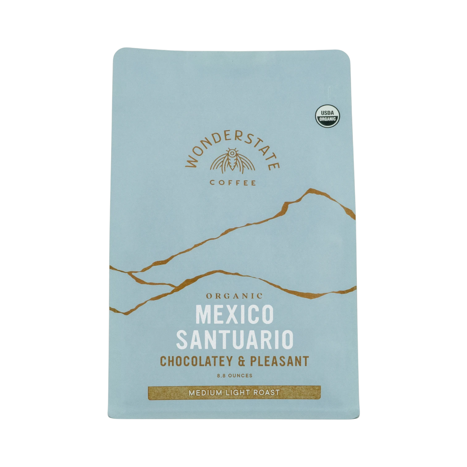 The Pull & Pour Shop Wonderstate Coffee Organic Mexico Santuario light blue coffee bag with gold mountain graphic