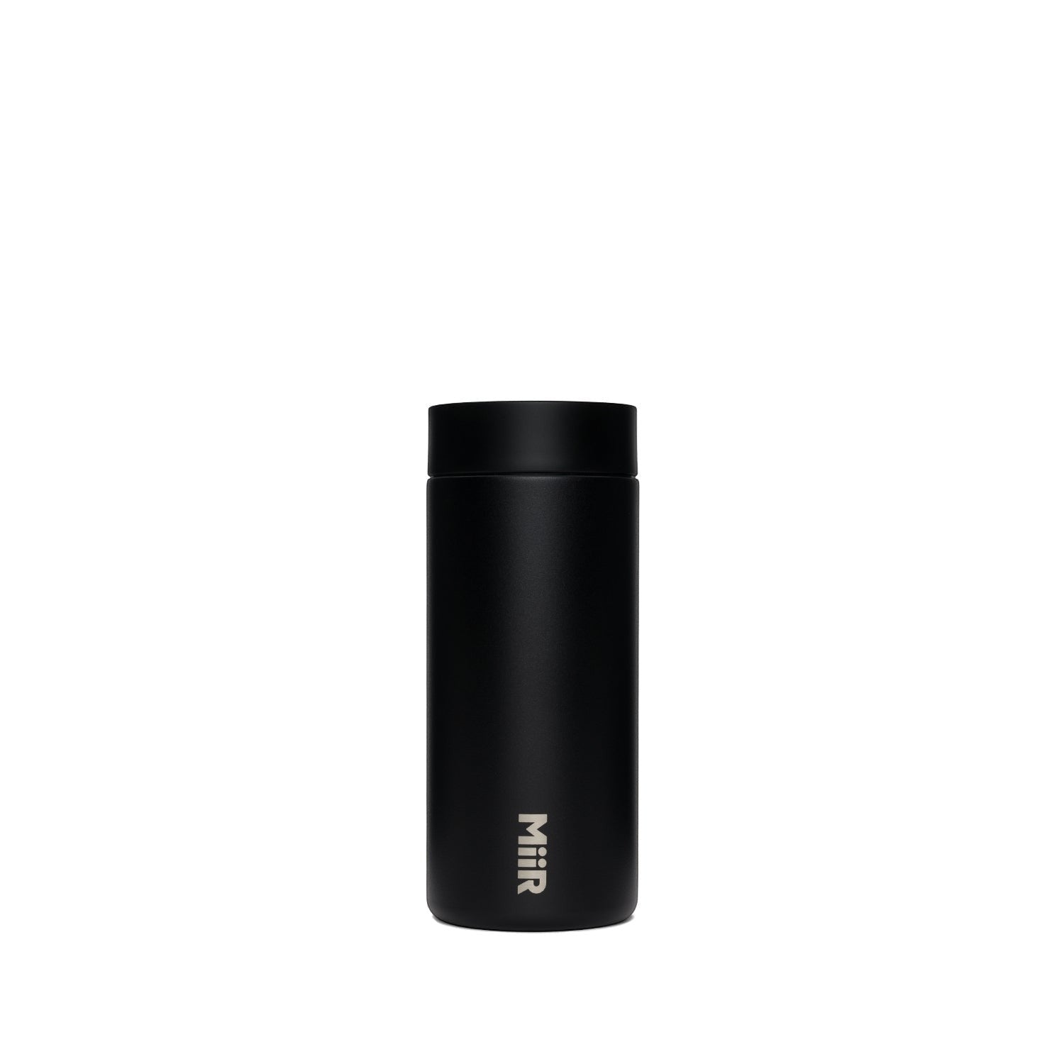 The Pull & Pour Shop MiiR 360 Traveler insulated black travel tumbler with leakproof lid on a white background.