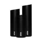 The Pull & Pour Shop MiiR Flip Traveler black insulated stainless steel travel tumblers in three different sizes.