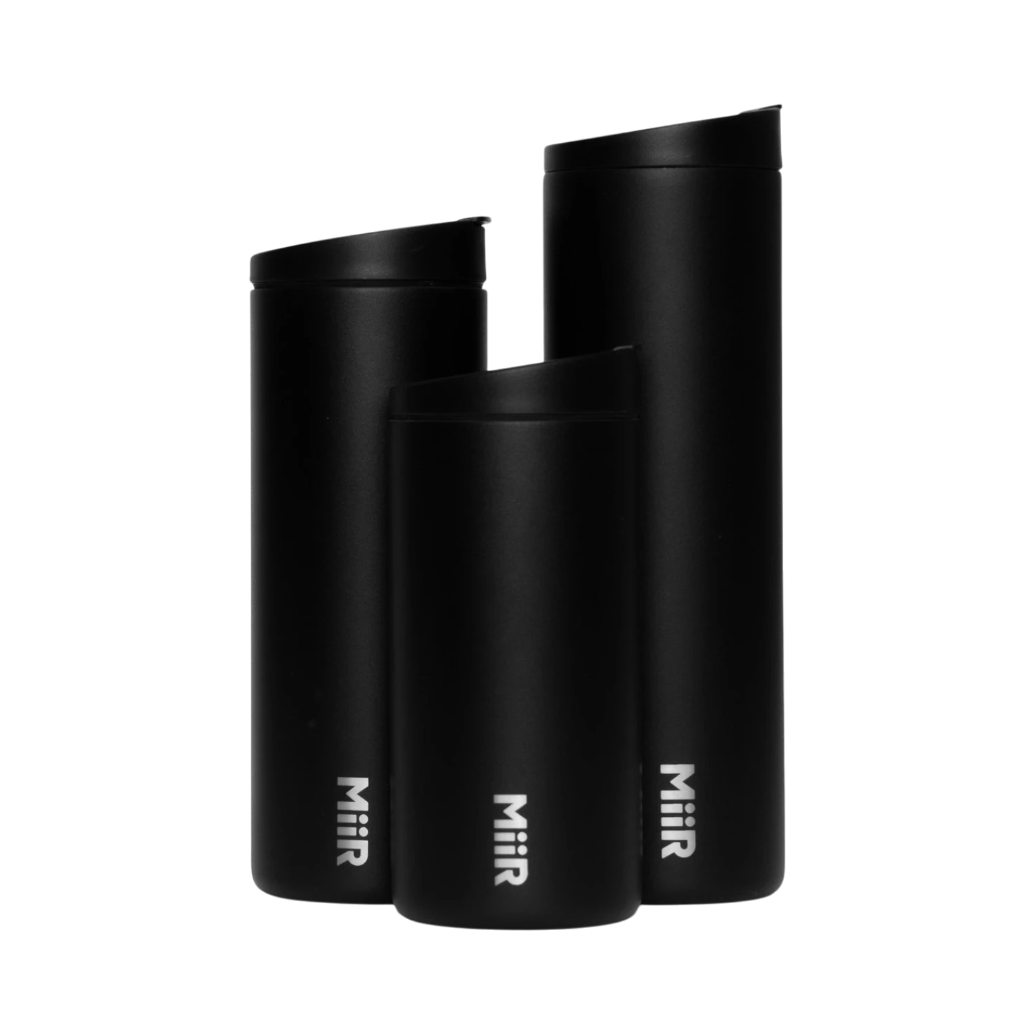 The Pull & Pour Shop MiiR Flip Traveler black insulated stainless steel travel tumblers in three different sizes.