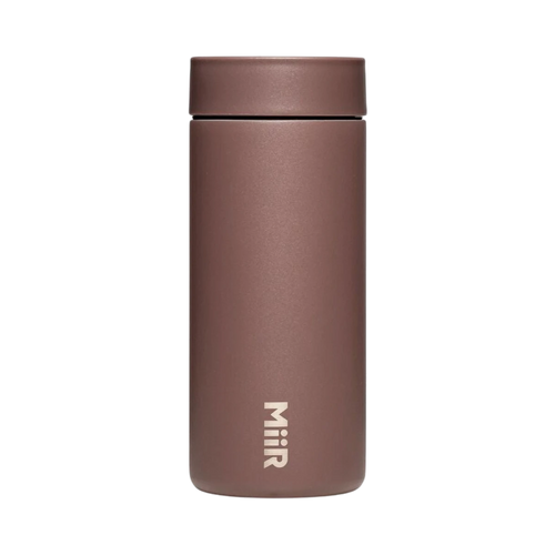 The Pull & Pour Shop MiiR 360 Traveler insulated tumbler in Cedar Brown with a leakproof 360-degree lid.