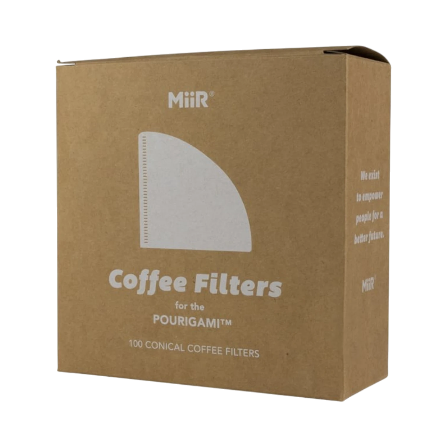 The Pull & Pour Shop MiiR Pourigami 100-count conical coffee filter box in brown cardboard packaging