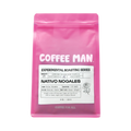 The Pull & Pour Shop Nativo Nogales light roast coffee bag in bright pink packaging with a white experimental label.