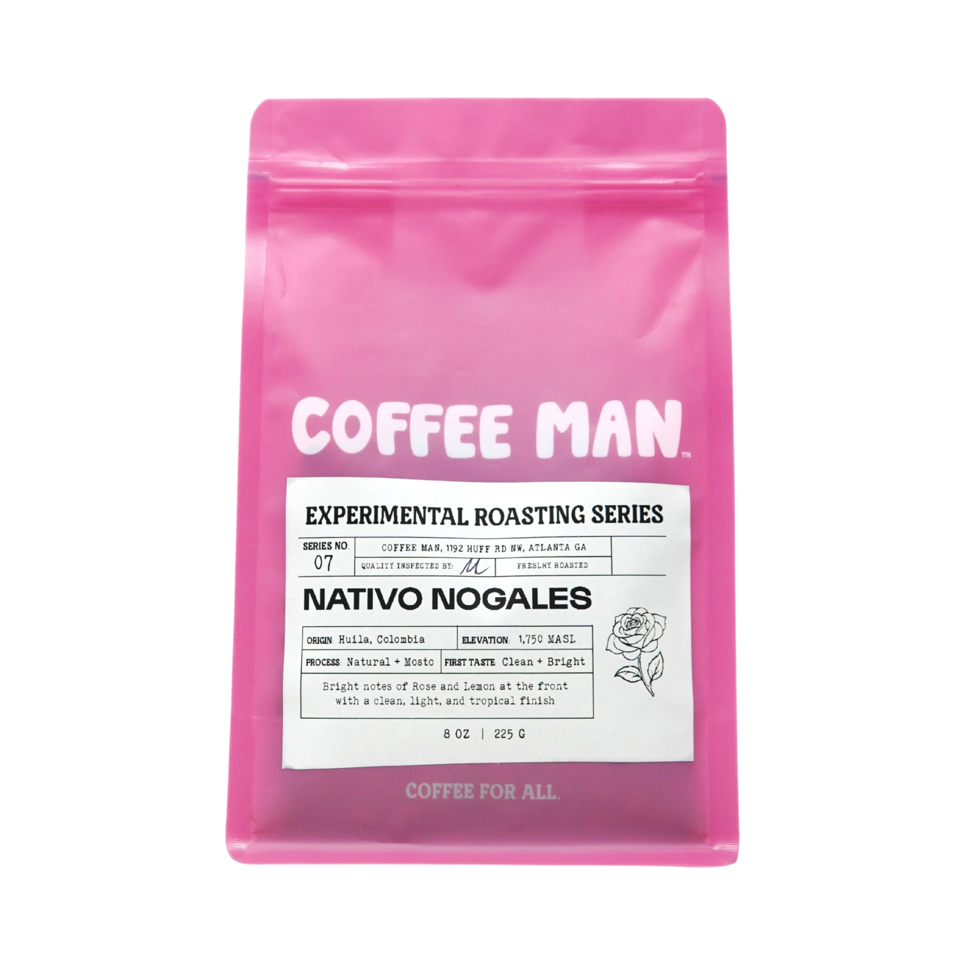 The Pull & Pour Shop Nativo Nogales light roast coffee bag in bright pink packaging with a white experimental label.