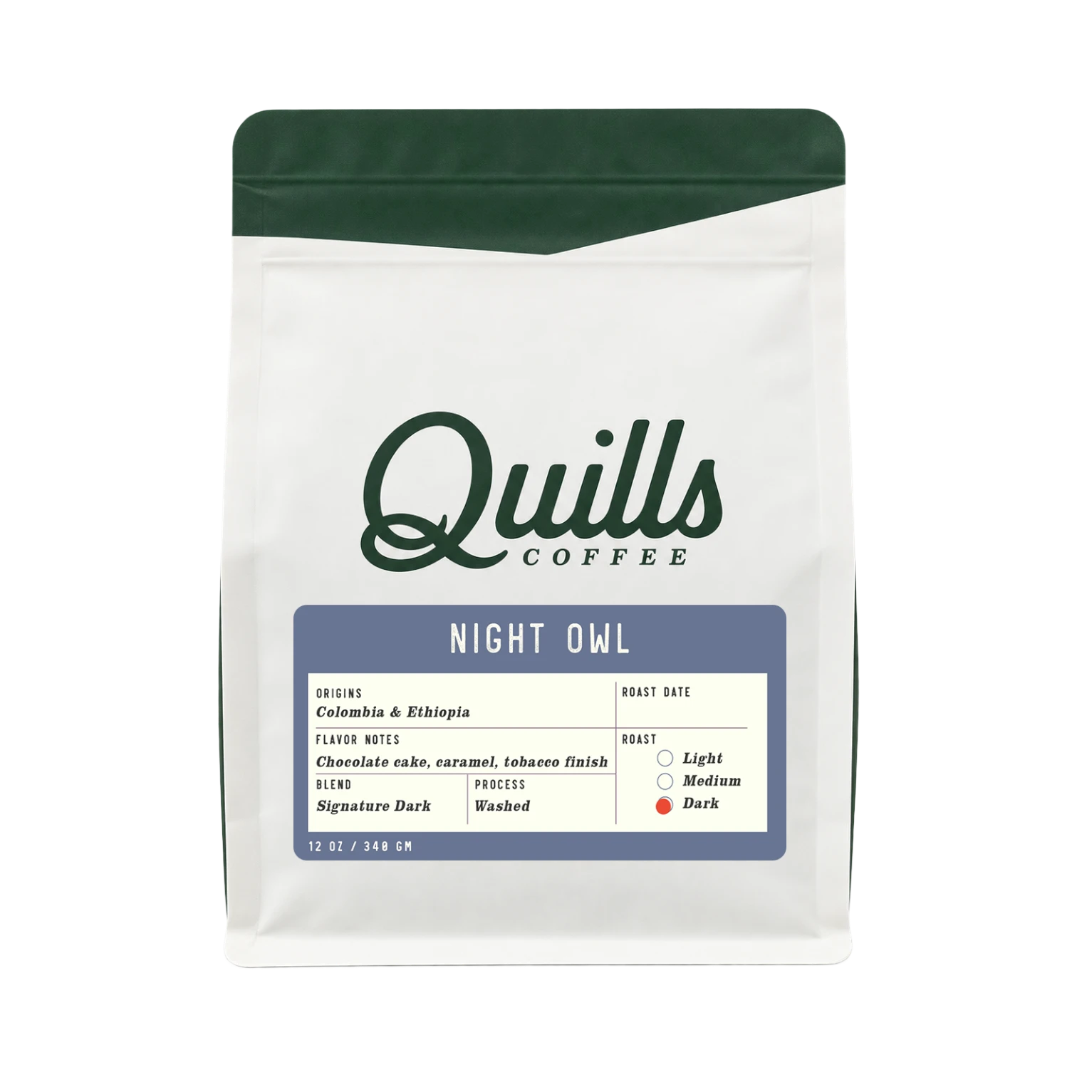 The Pull & Pour Shop Quills Coffee Night Owl dark roast coffee bag with white packaging and dark green accents.