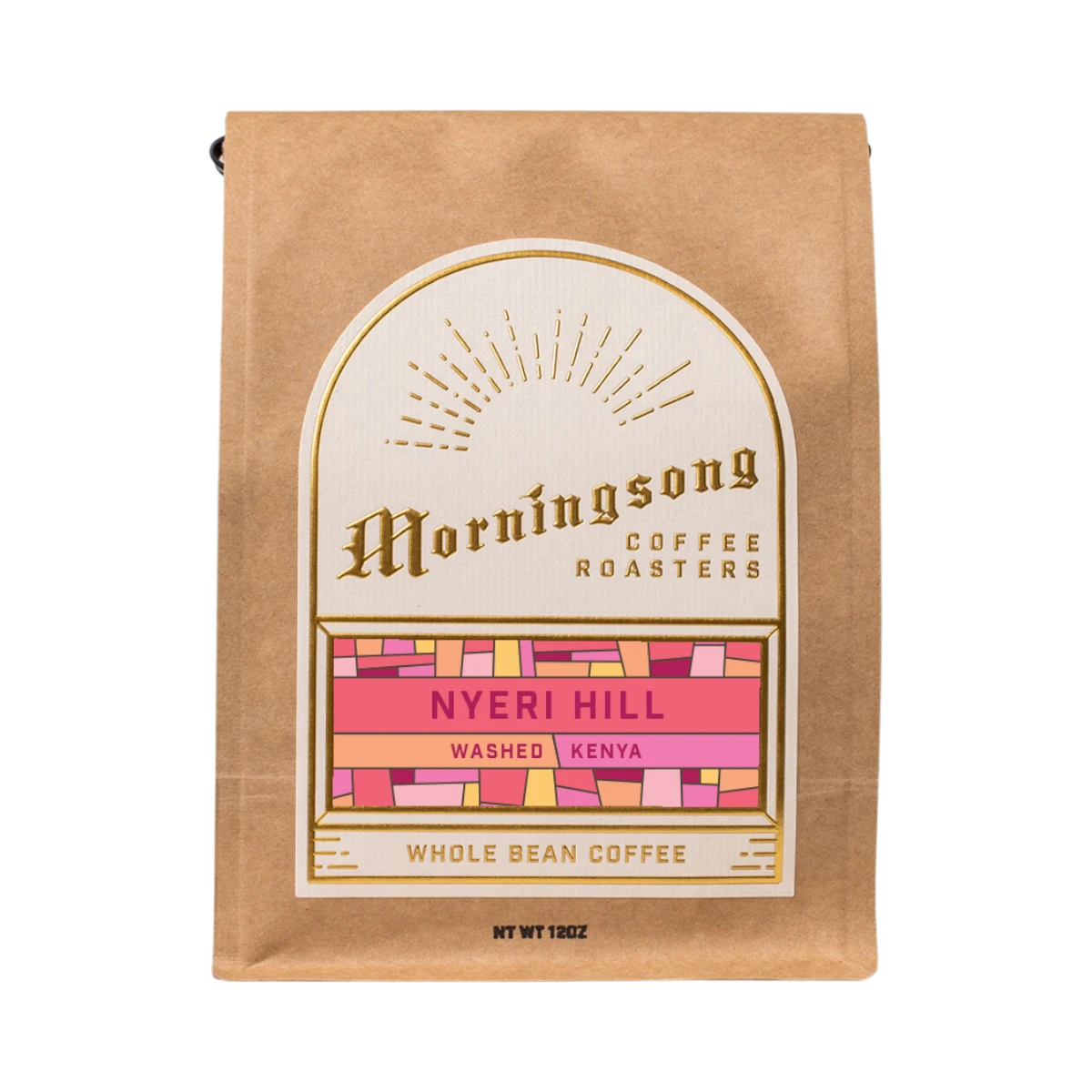 The Pull & Pour Shop Nyeri Hill Kenya whole bean coffee in a brown kraft paper bag with a decorative gold label.
