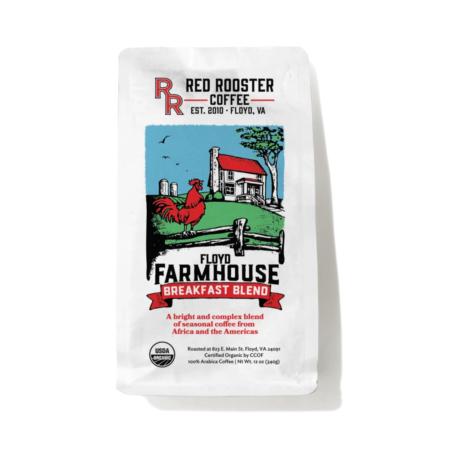 The Pull & Pour Shop Red Rooster Coffee Organic Floyd Farmhouse Breakfast Blend bag with illustrated farm scene