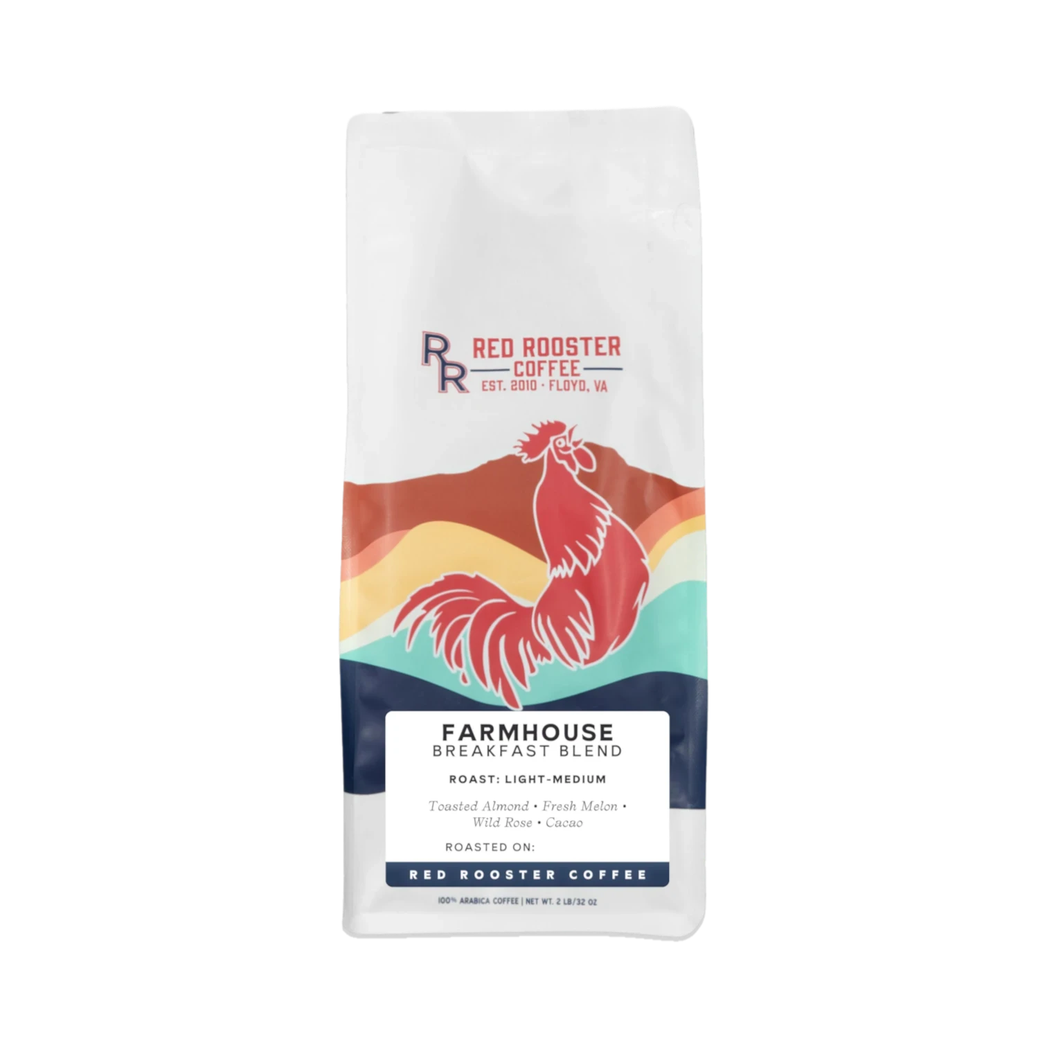 The Pull & Pour Shop Red Rooster Coffee Organic Floyd Farmhouse Breakfast Blend bag with a rooster illustration.