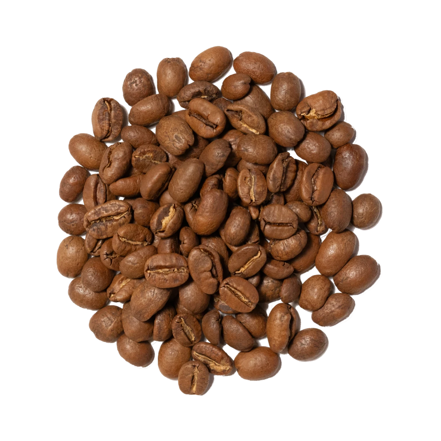 The Pull & Pour Shop Organic Floyd Farmhouse Breakfast Blend medium roast coffee beans in a circular pile.