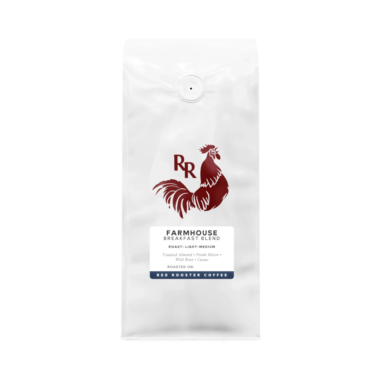 The Pull & Pour Shop Organic Floyd Farmhouse Breakfast Blend coffee bag with a red rooster logo on white packaging.