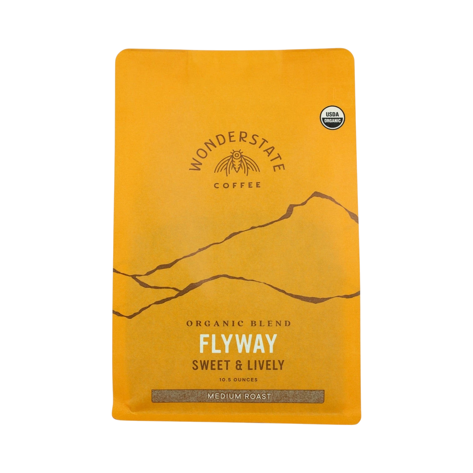 The Pull & Pour Shop Organic Flyway medium roast coffee bag in bright yellow packaging with a mountain graphic.