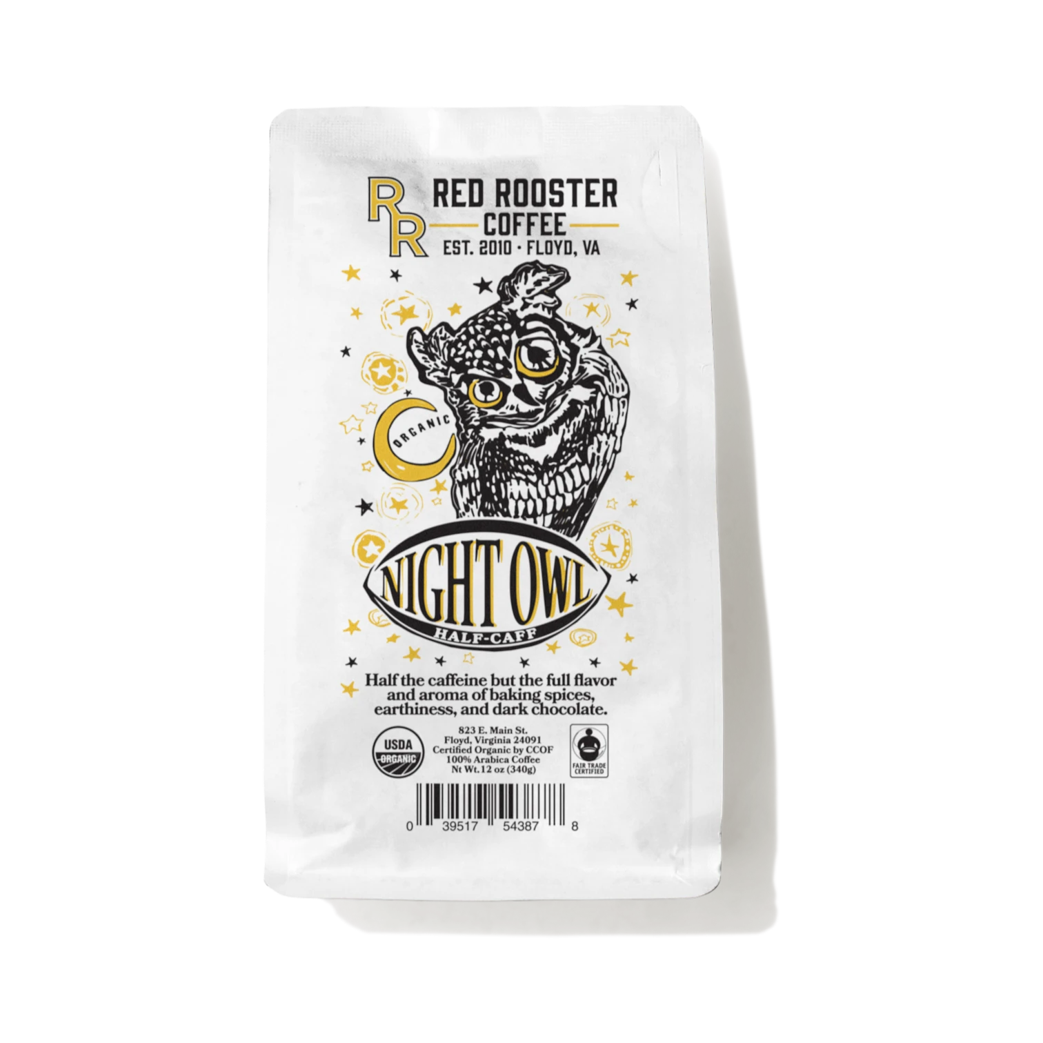 The Pull & Pour Shop Red Rooster Coffee Organic Night Owl Half-Caff coffee bag with owl illustration