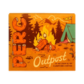 The Pull & Pour Shop Outpost coffee bag featuring a campfire, tent, and marshmallow illustration in warm orange tones.
