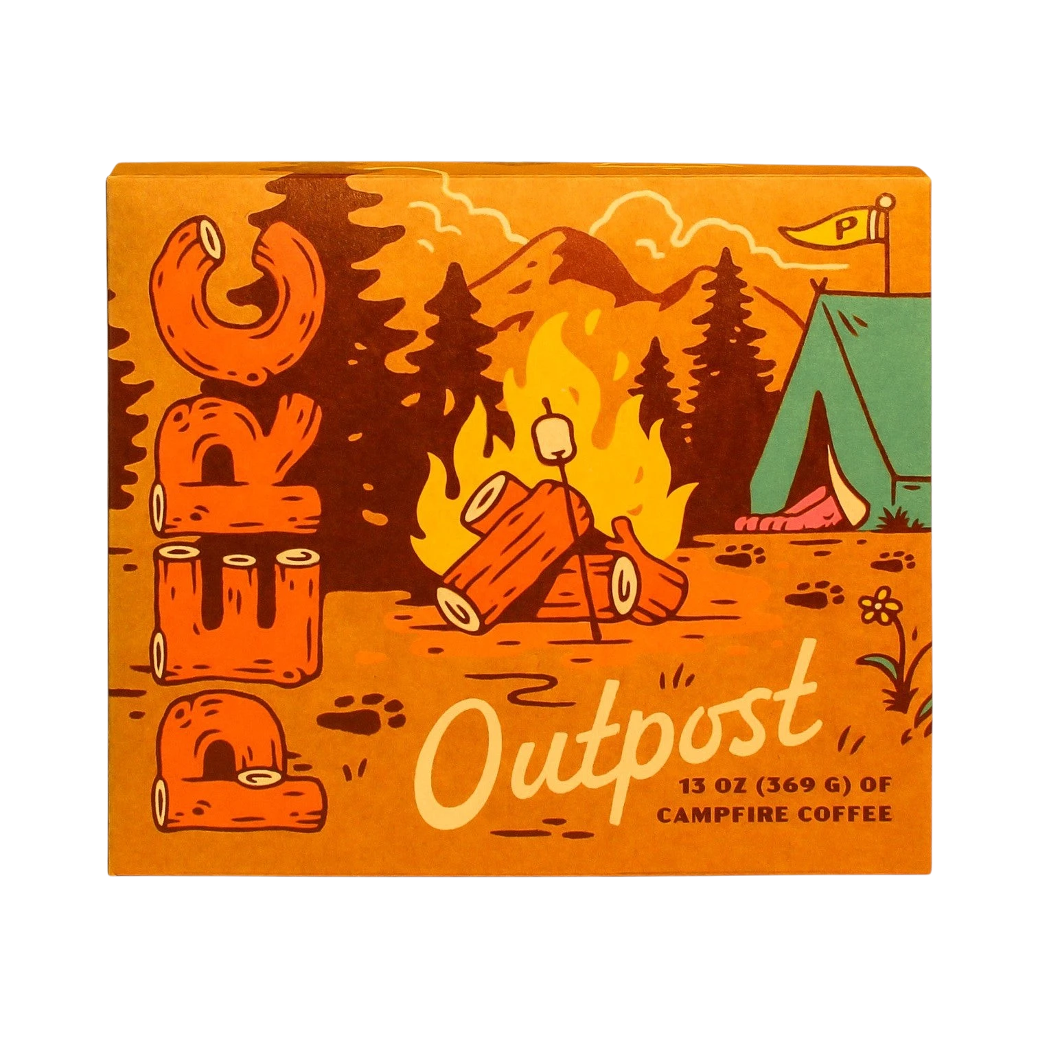 The Pull & Pour Shop Outpost coffee bag featuring a campfire, tent, and marshmallow illustration in warm orange tones.