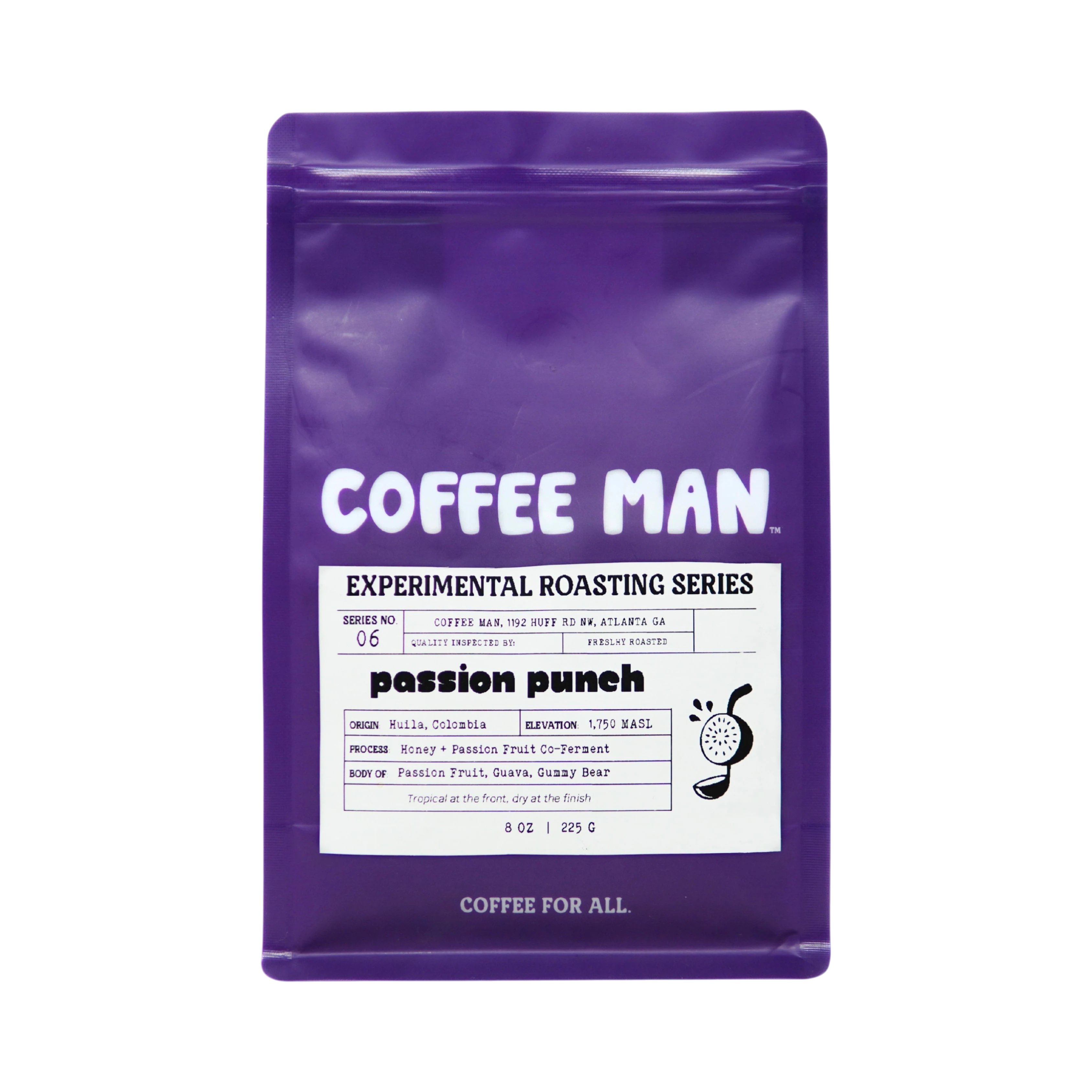 The Pull & Pour Shop Coffee Man Passion Punch experimental light roast coffee bag in purple packaging